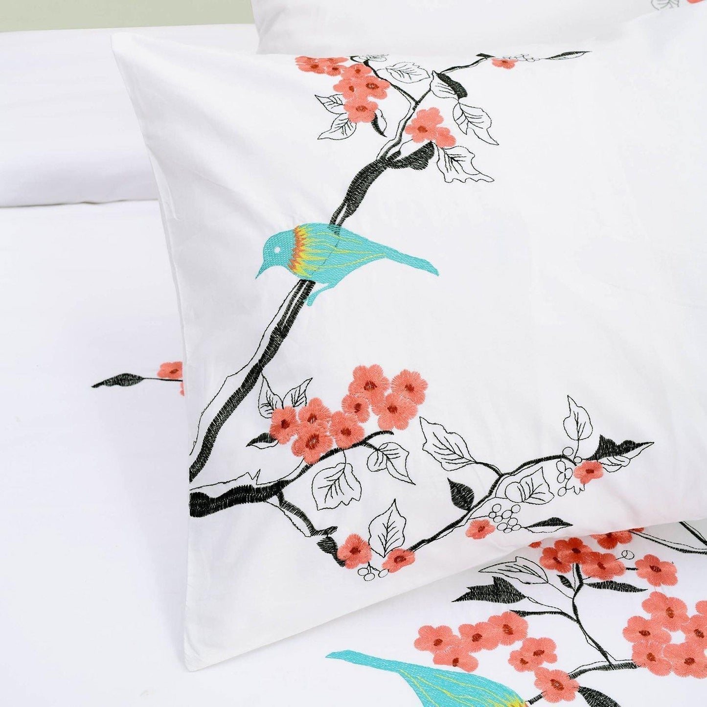 Cherry Garden 100% Cotton Embroidered Floral Bird Duvet Cover Set FredCo