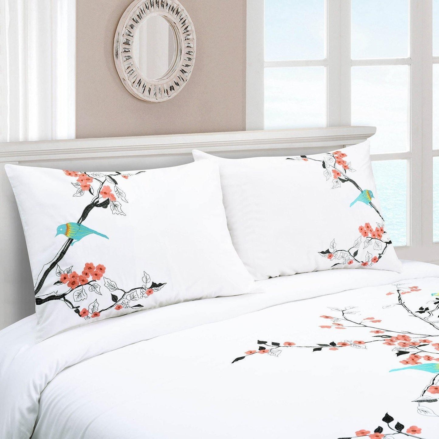 Cherry Garden 100% Cotton Embroidered Floral Bird Duvet Cover Set FredCo