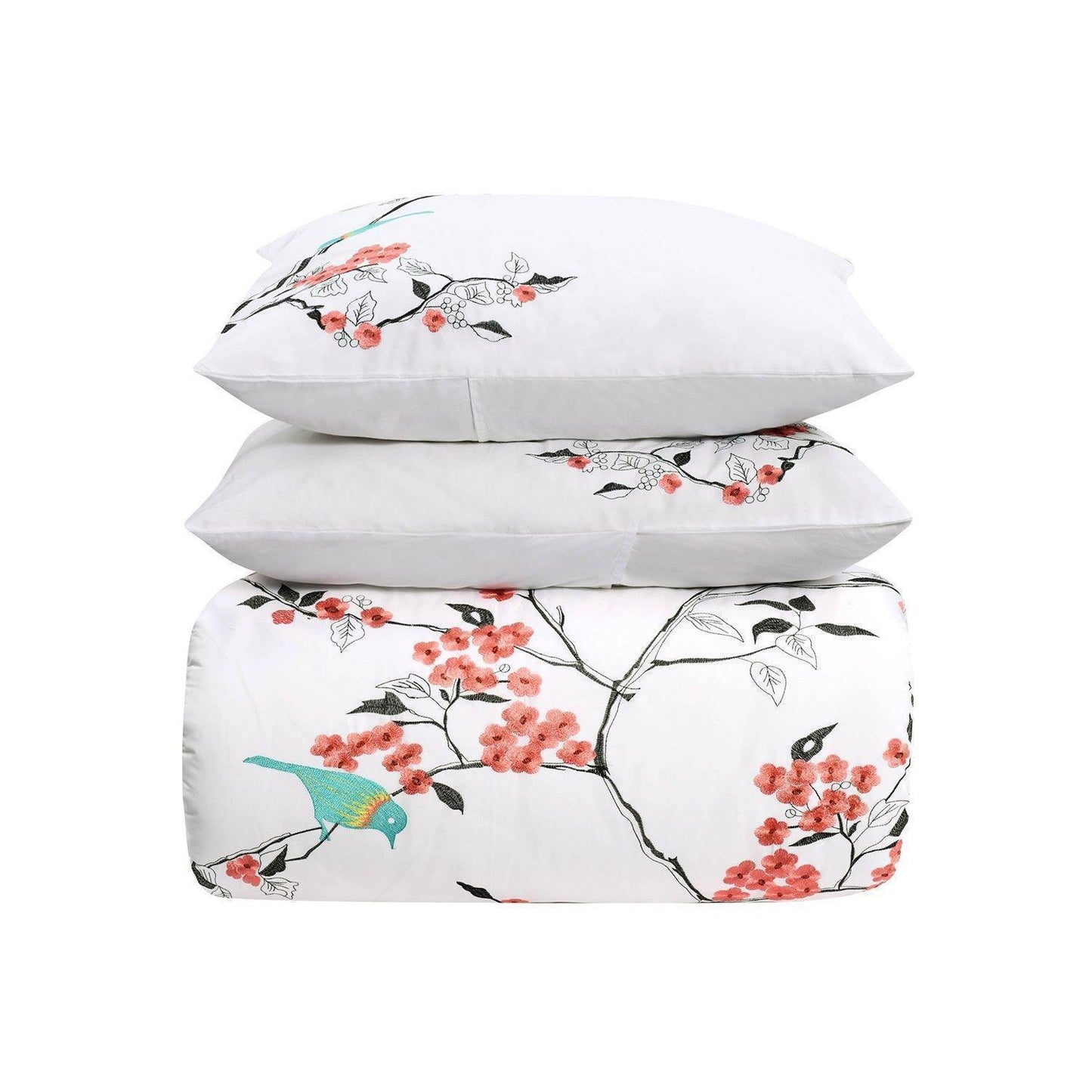 Cherry Garden 100% Cotton Embroidered Floral Bird Duvet Cover Set FredCo