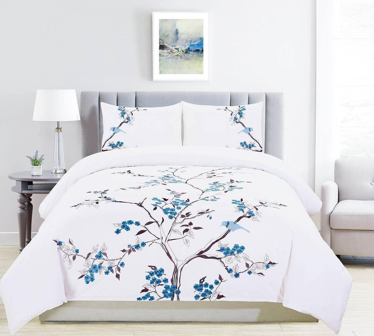 Cherry Garden 100% Cotton Embroidered Floral Bird Duvet Cover Set FredCo