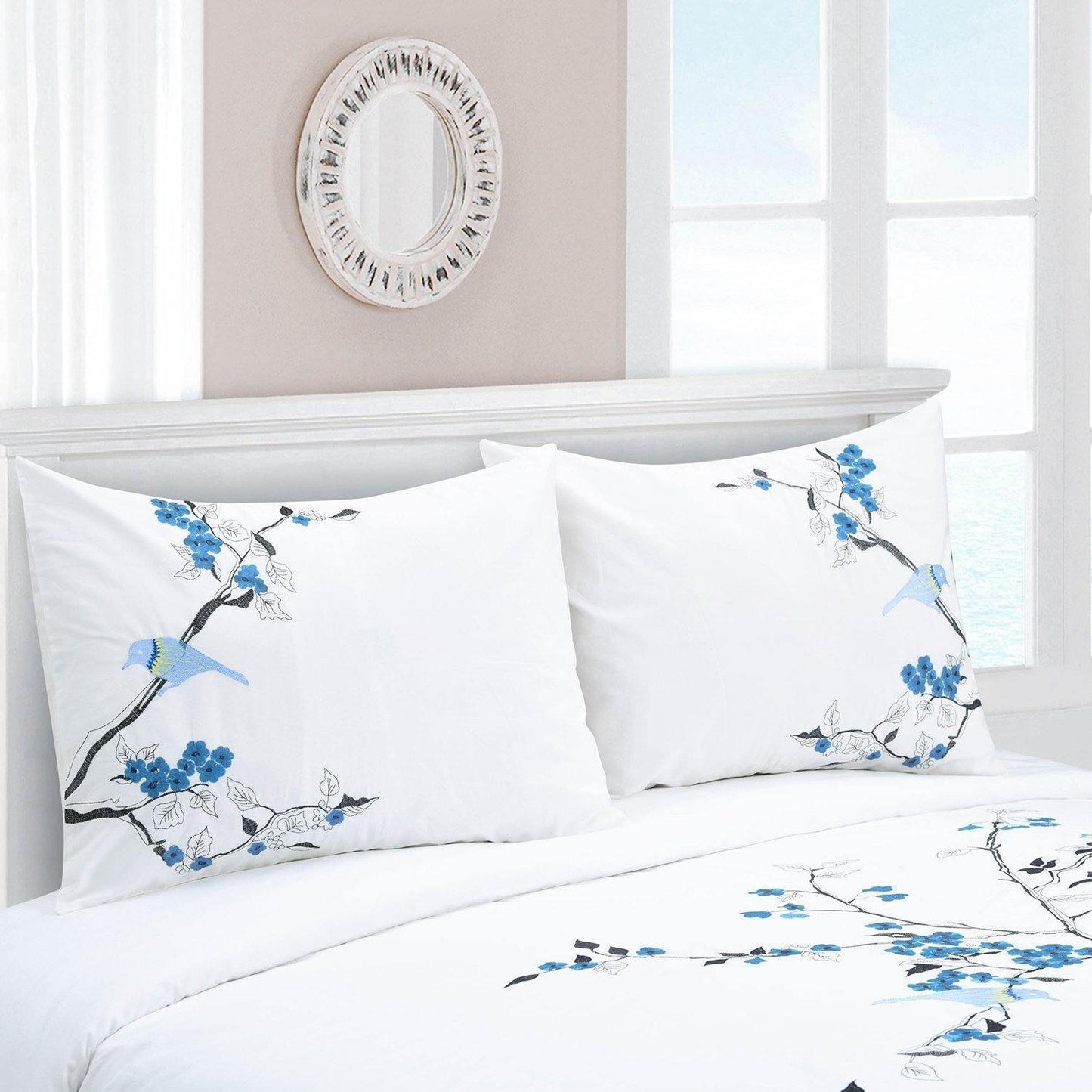 Cherry Garden 100% Cotton Embroidered Floral Bird Duvet Cover Set FredCo