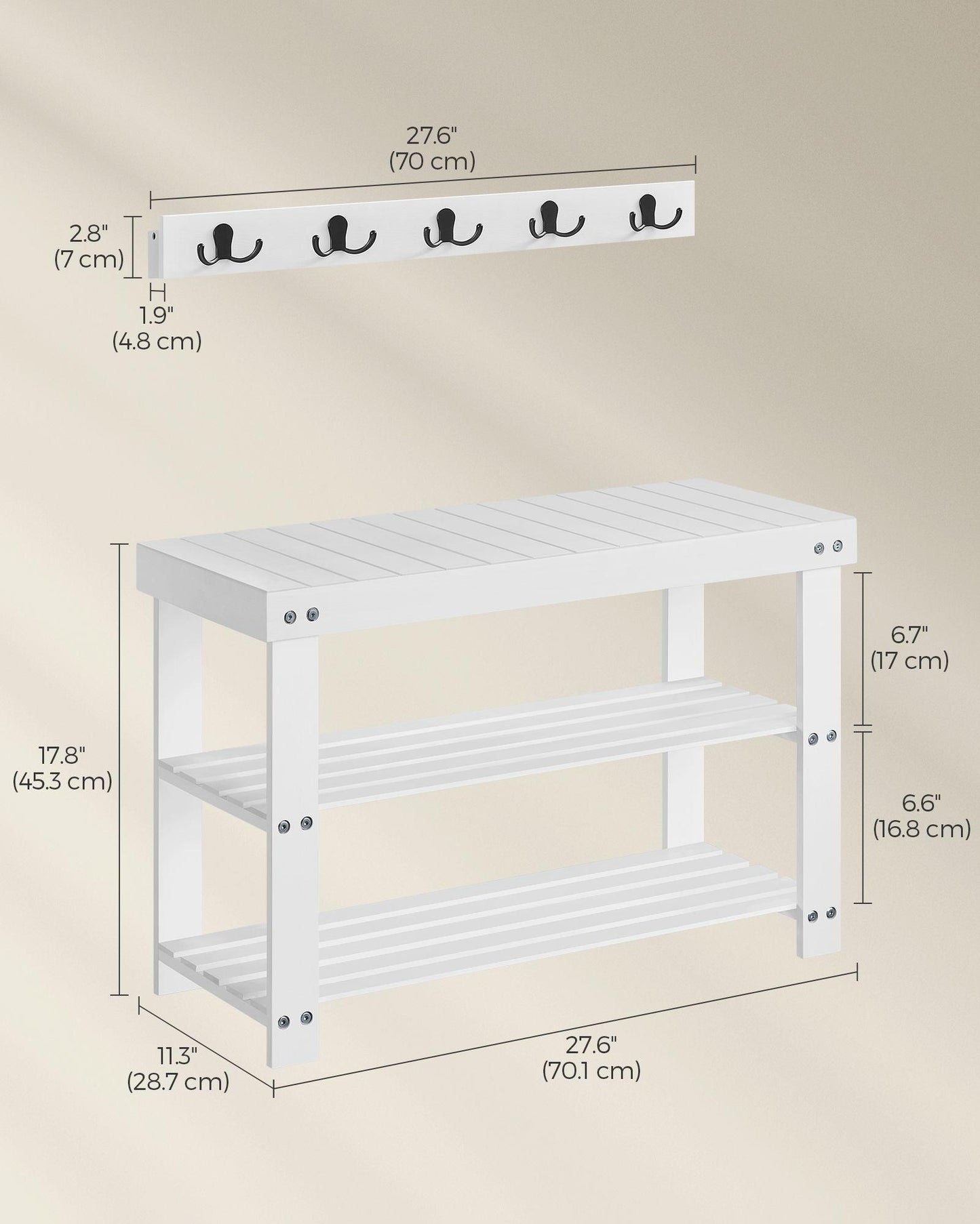 Coat Rack and 3-Tier Bamboo Shoe Bench Set Cloud White FredCo