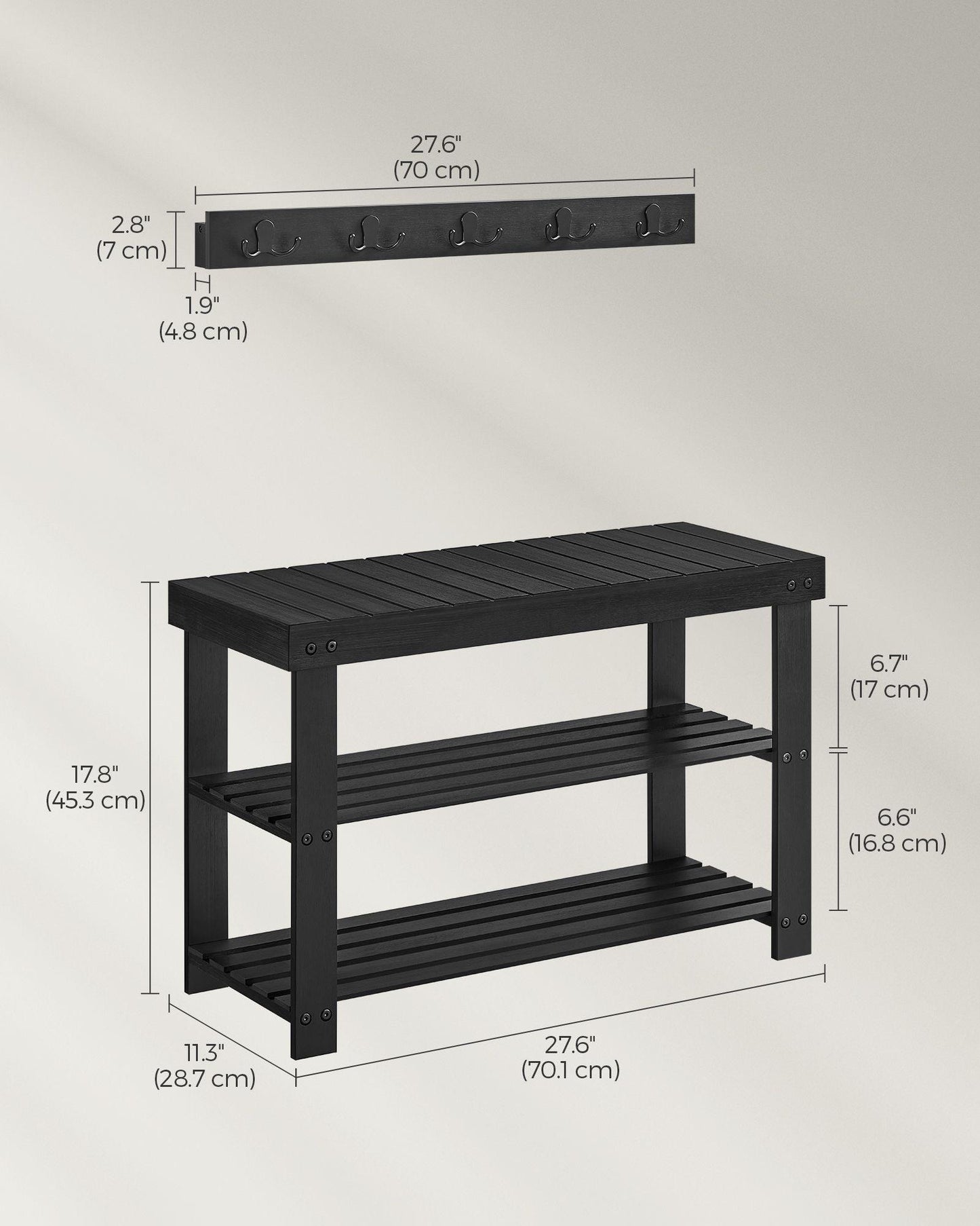 Coat Rack and 3-Tier Bamboo Shoe Bench Set Ink Black FredCo