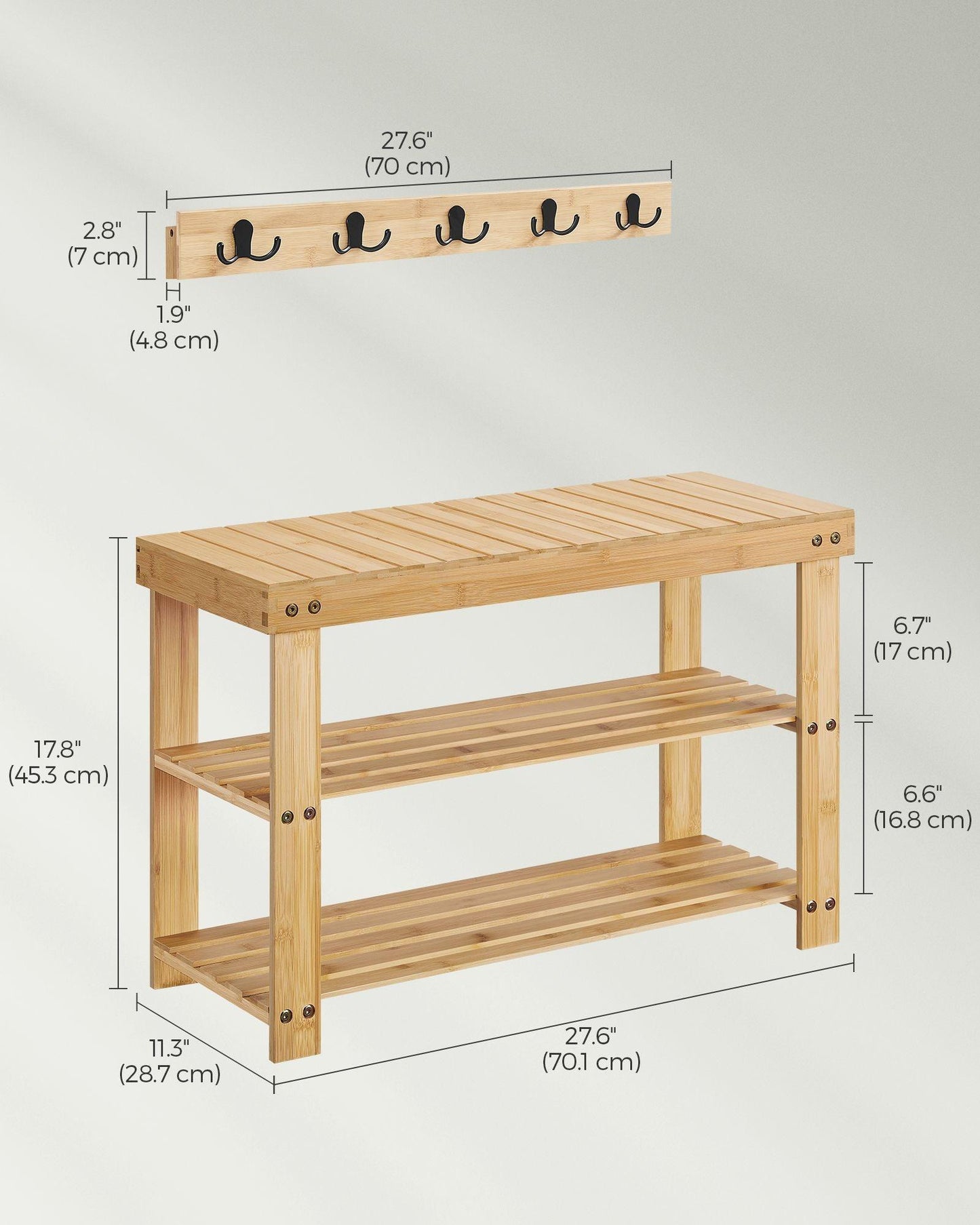 Coat Rack and 3-Tier Bamboo Shoe Bench Set Natural Beige FredCo