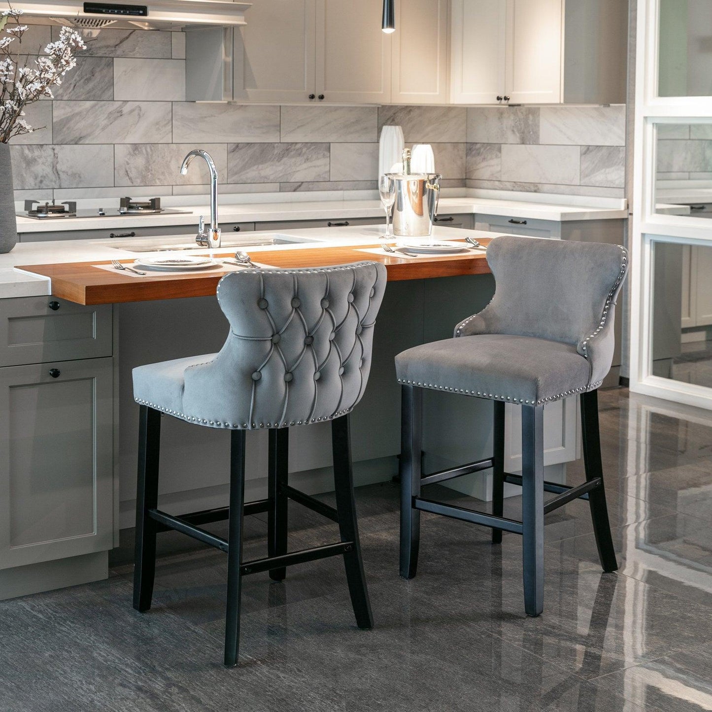 Contemporary Velvet Upholstered Wing-Back Barstools, Bar stools, Set of 2 FredCo