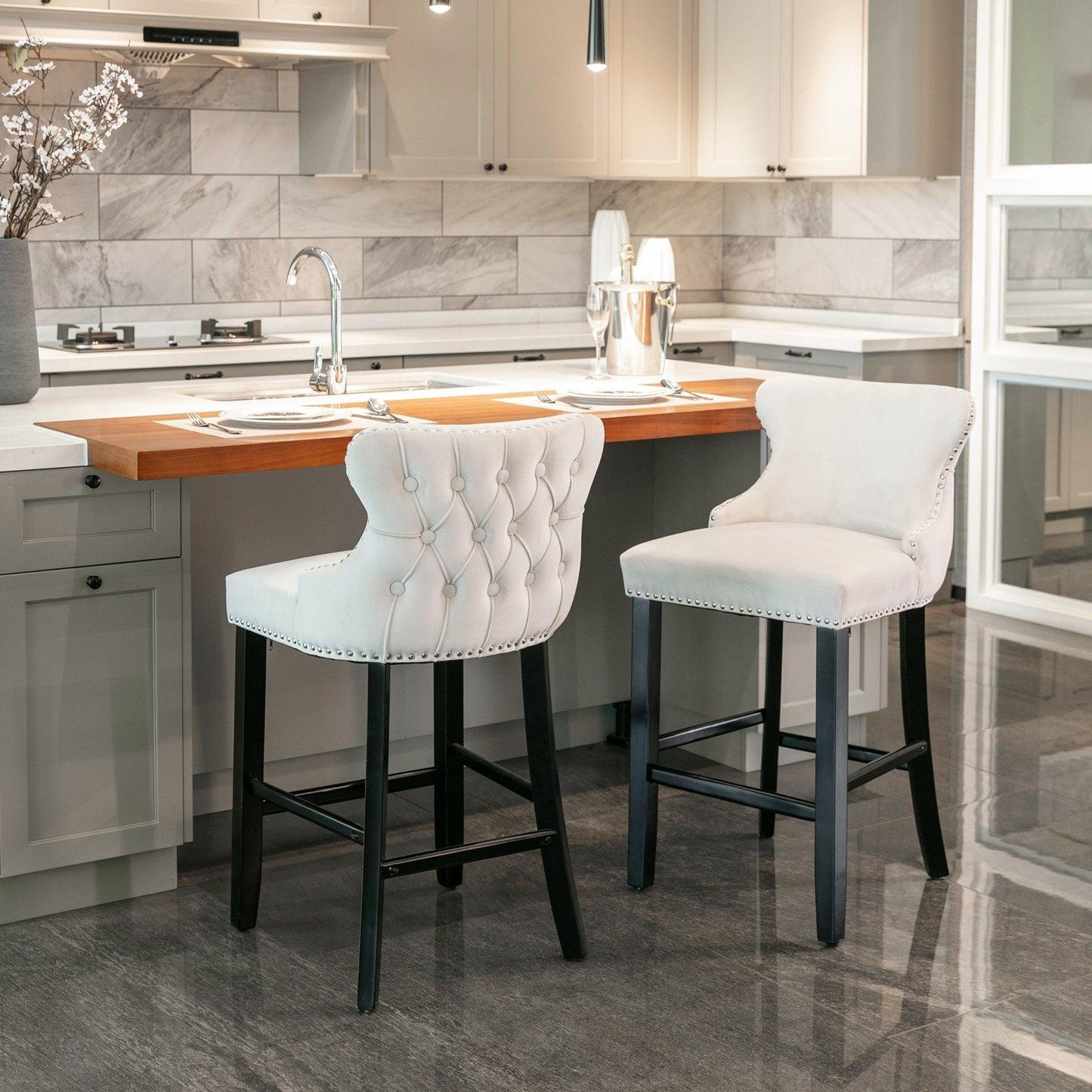 Contemporary Velvet Upholstered Wing-Back Barstools, Bar stools, Set of 2 FredCo