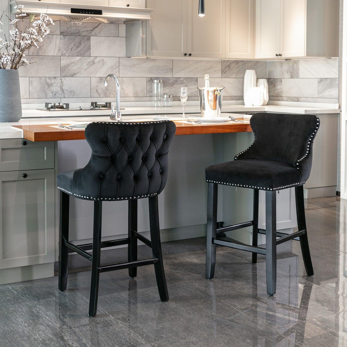 Contemporary Velvet Upholstered Wing-Back Barstools, Bar stools, Set of 2 FredCo