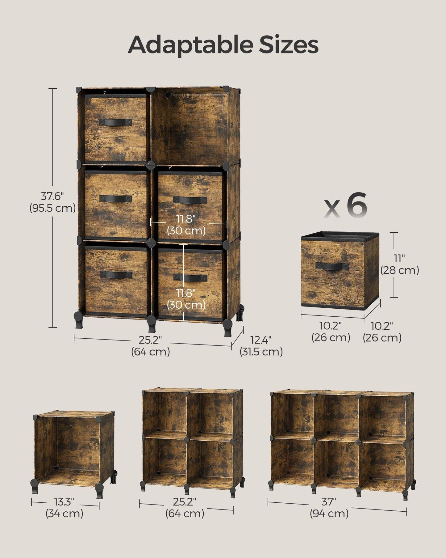 Cube Storage Organizer with 6 Storage Boxes Rustic Brown FredCo