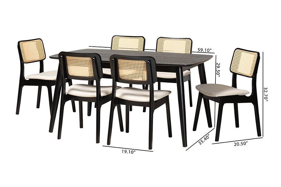 Dannon Mid-Century Modern Cream Fabric and Black Finished Wood 7-Piece Dining Set FredCo