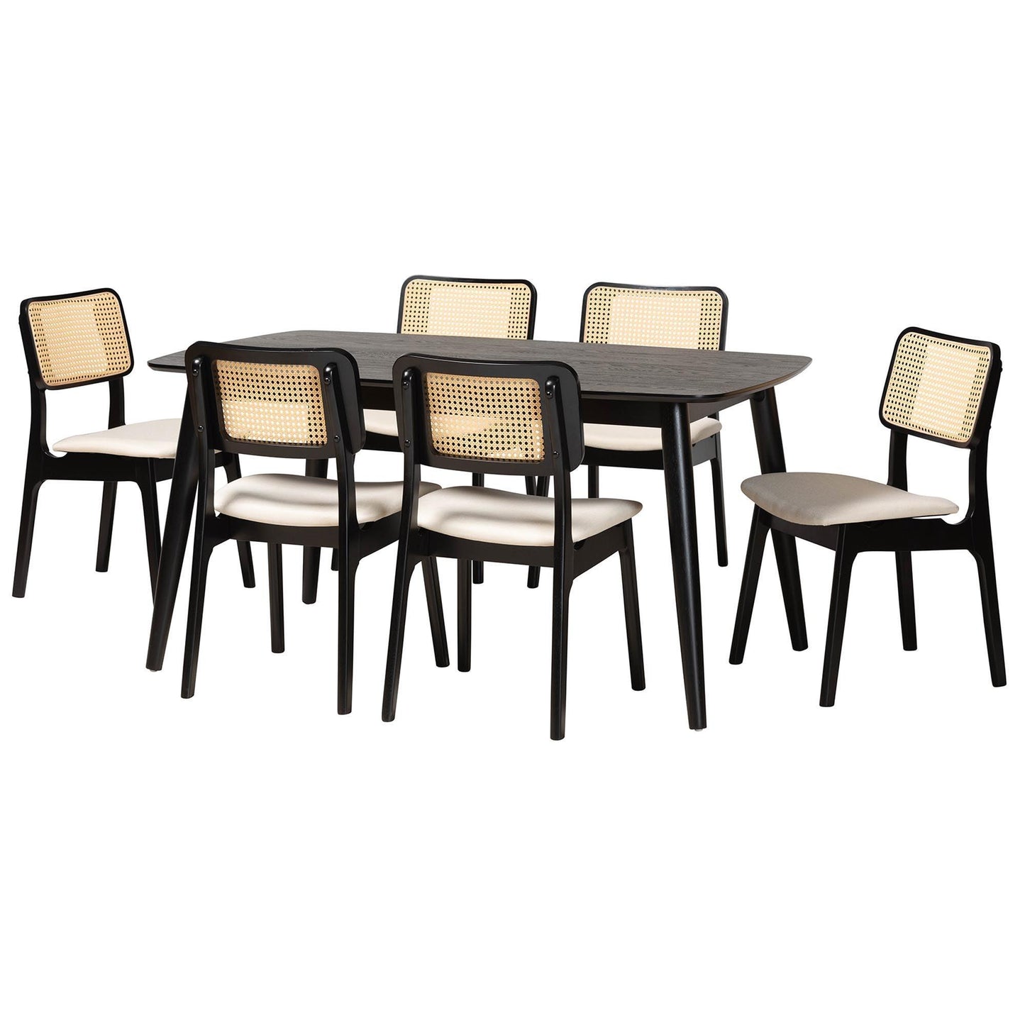 Dannon Mid-Century Modern Cream Fabric and Black Finished Wood 7-Piece Dining Set FredCo