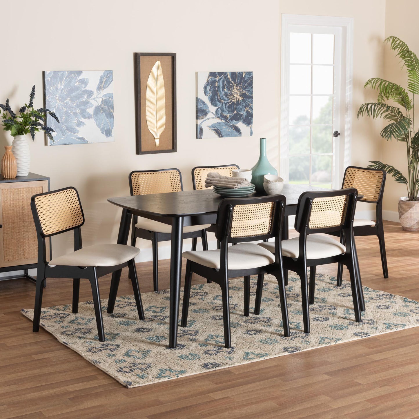 Dannon Mid-Century Modern Cream Fabric and Black Finished Wood 7-Piece Dining Set FredCo