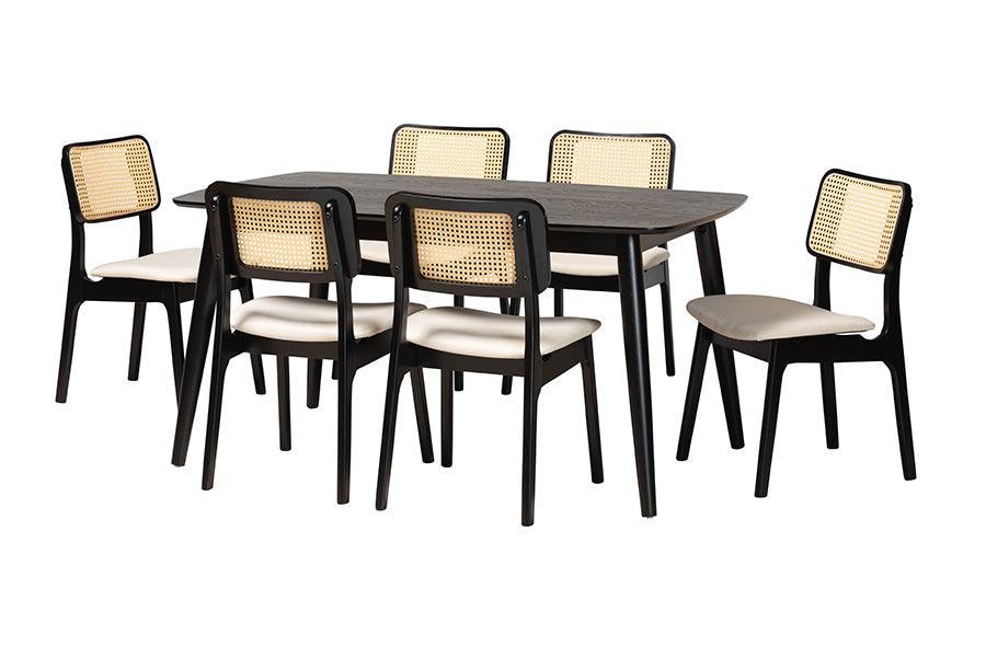 Dannon Mid-Century Modern Cream Fabric and Black Finished Wood 7-Piece Dining Set FredCo