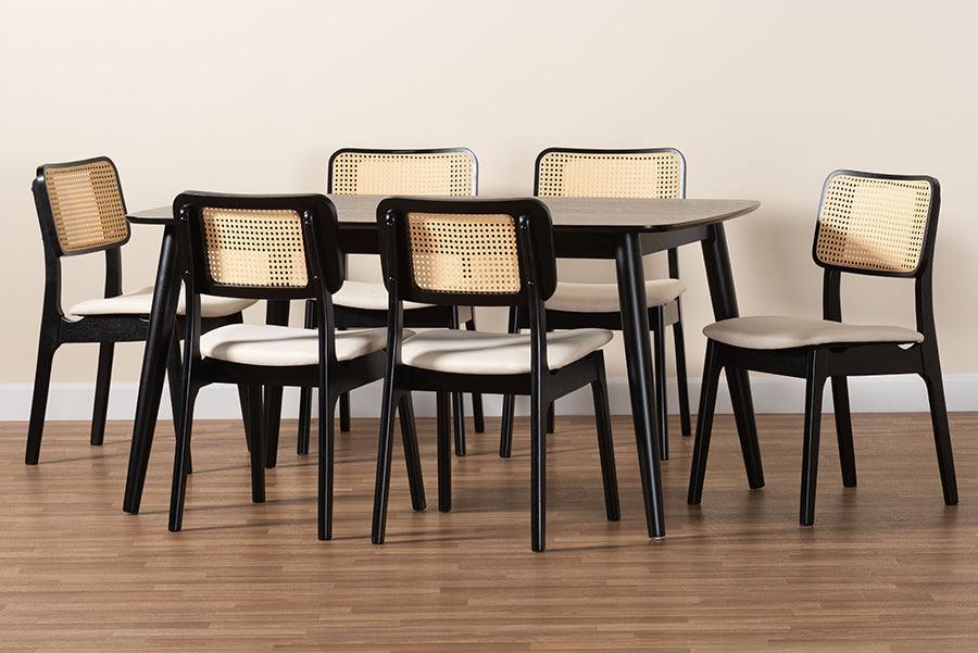Dannon Mid-Century Modern Cream Fabric and Black Finished Wood 7-Piece Dining Set FredCo
