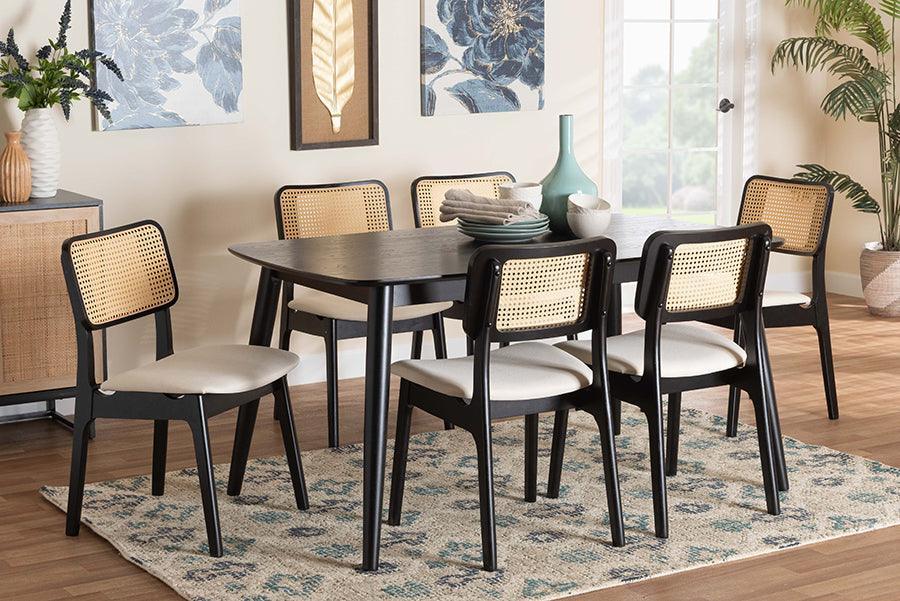 Dannon Mid-Century Modern Cream Fabric and Black Finished Wood 7-Piece Dining Set FredCo