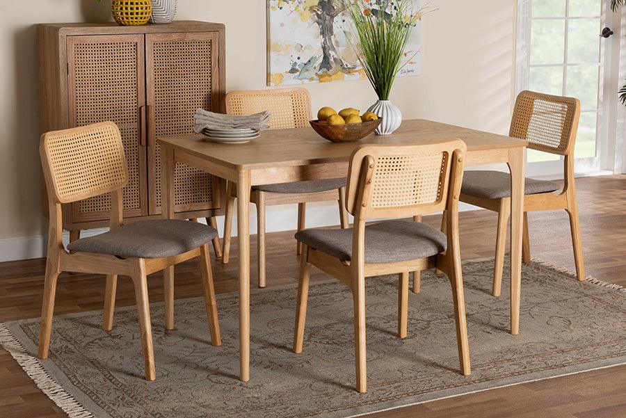 Dannon Mid-Century Modern Grey Fabric and Natural Oak Finished Wood 5-Piece Dining Set FredCo