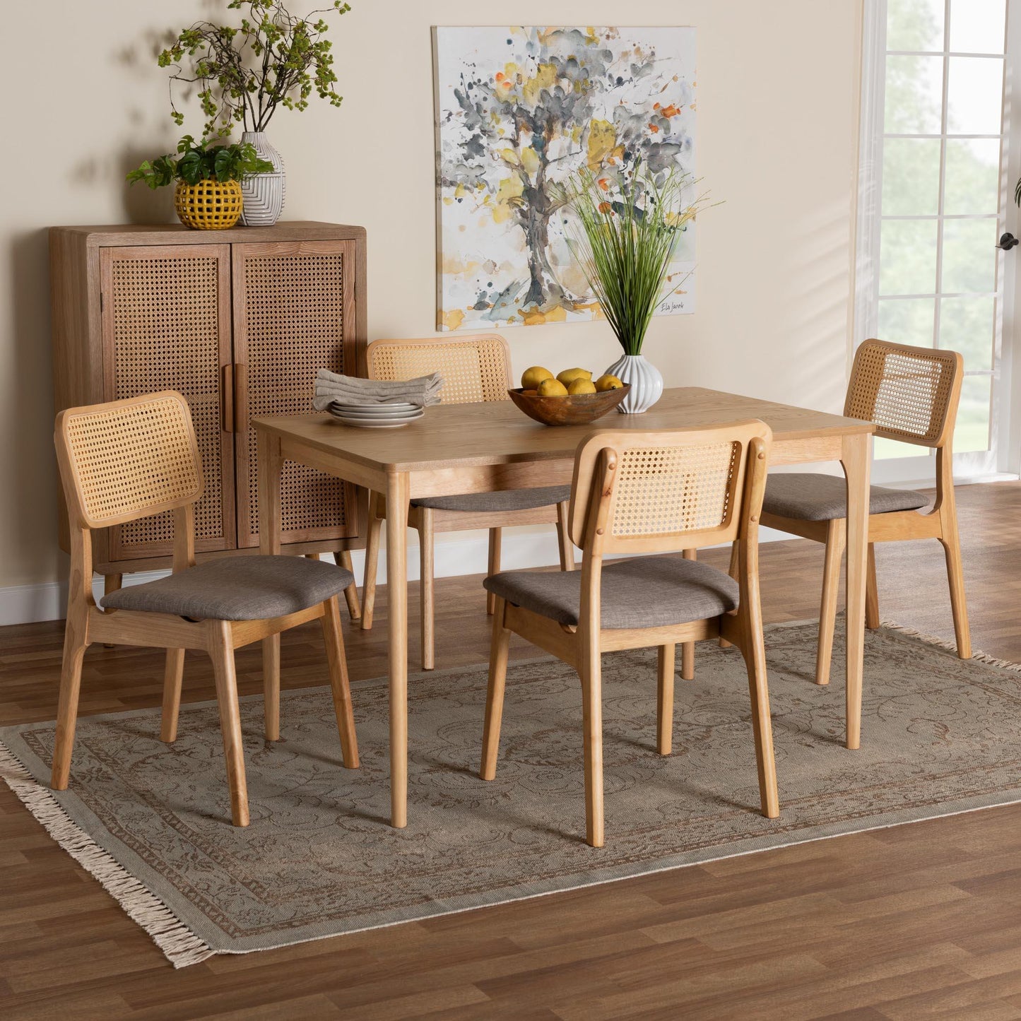 Dannon Mid-Century Modern Grey Fabric and Natural Oak Finished Wood 5-Piece Dining Set FredCo