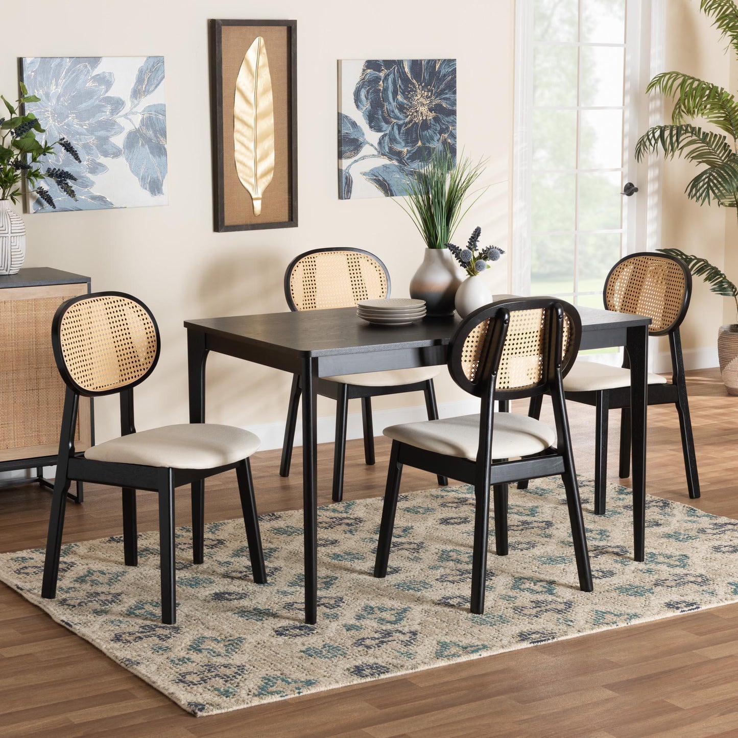 Darrion Mid-Century Modern Cream Fabric and Black Finished Wood 5-Piece Dining Set FredCo