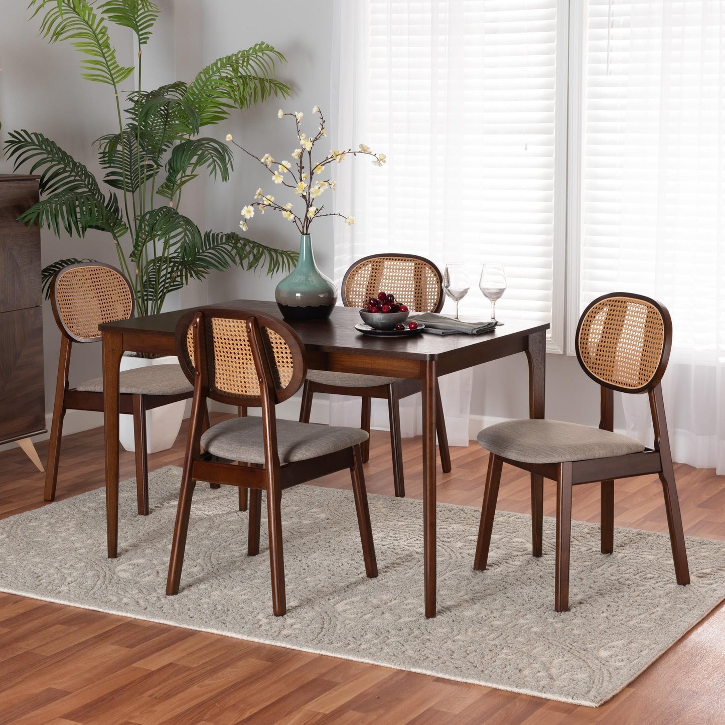 Darrion Mid-Century Modern Grey Fabric and Walnut Brown Finished Wood 5-Piece Dining Set FredCo