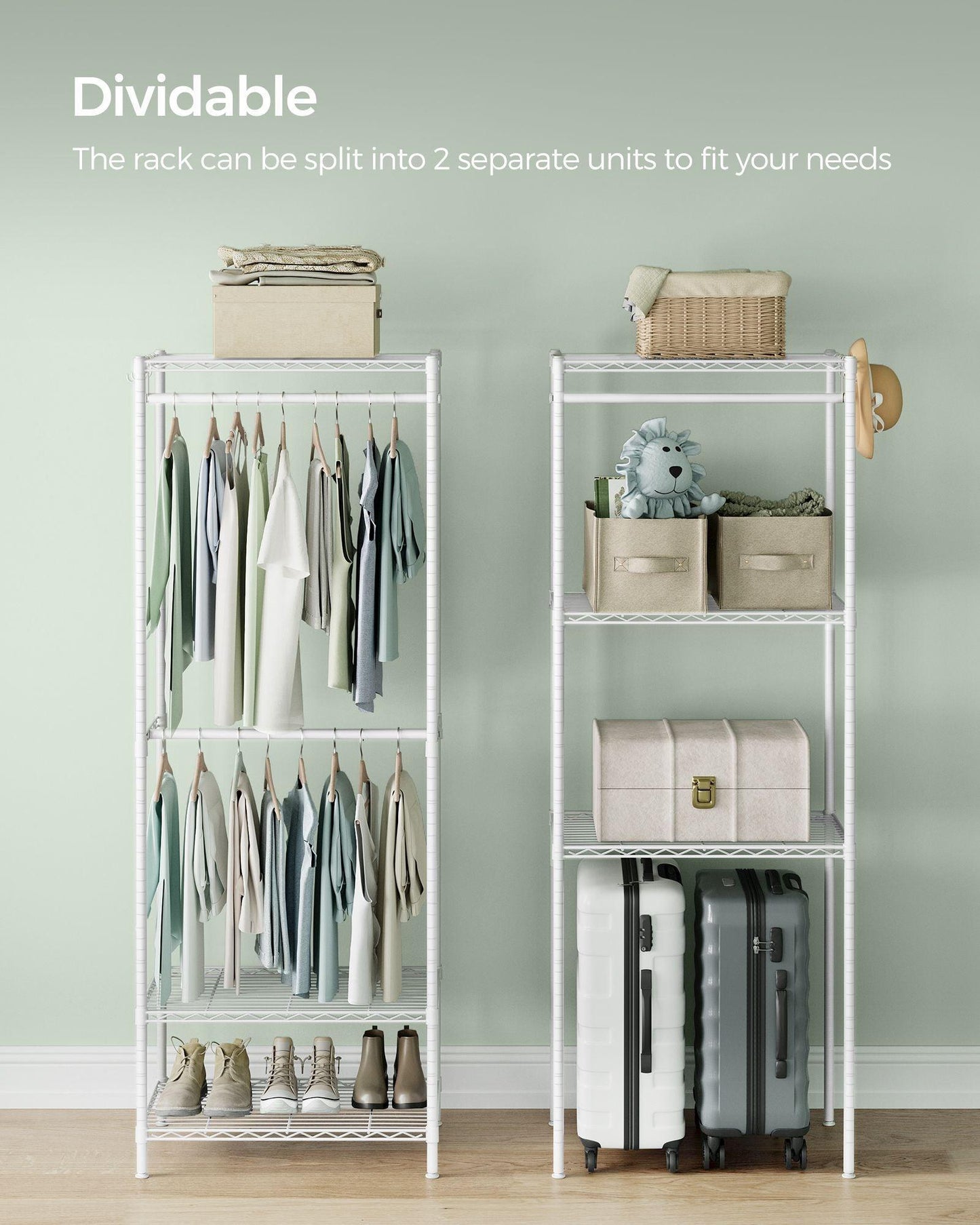 Dividable Clothing Rack with Adjustable Shelves and Hanging Rails Cloud White FredCo