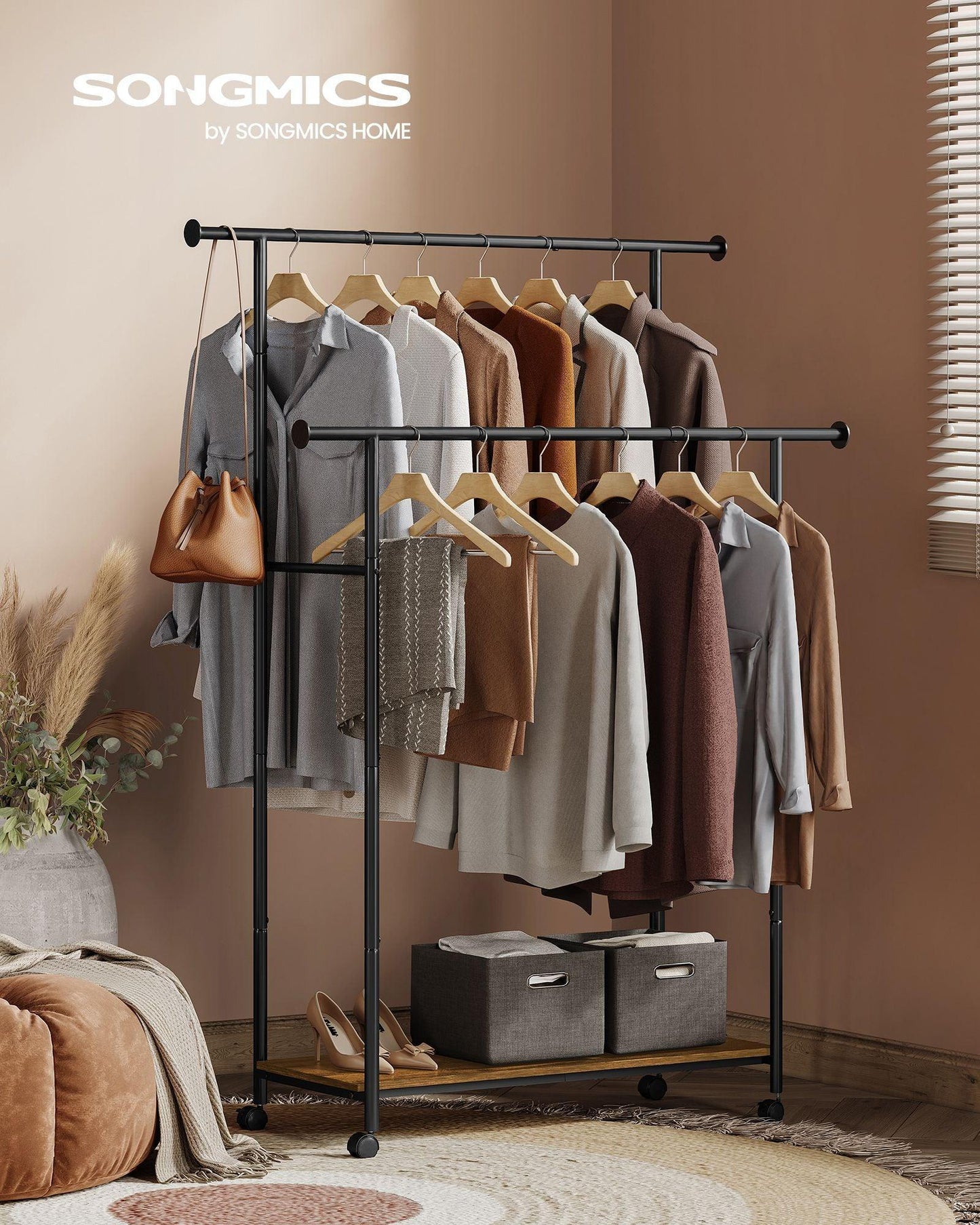 Double-Rod Clothes Rack with Wheels Rustic Brown and Ink Black FredCo