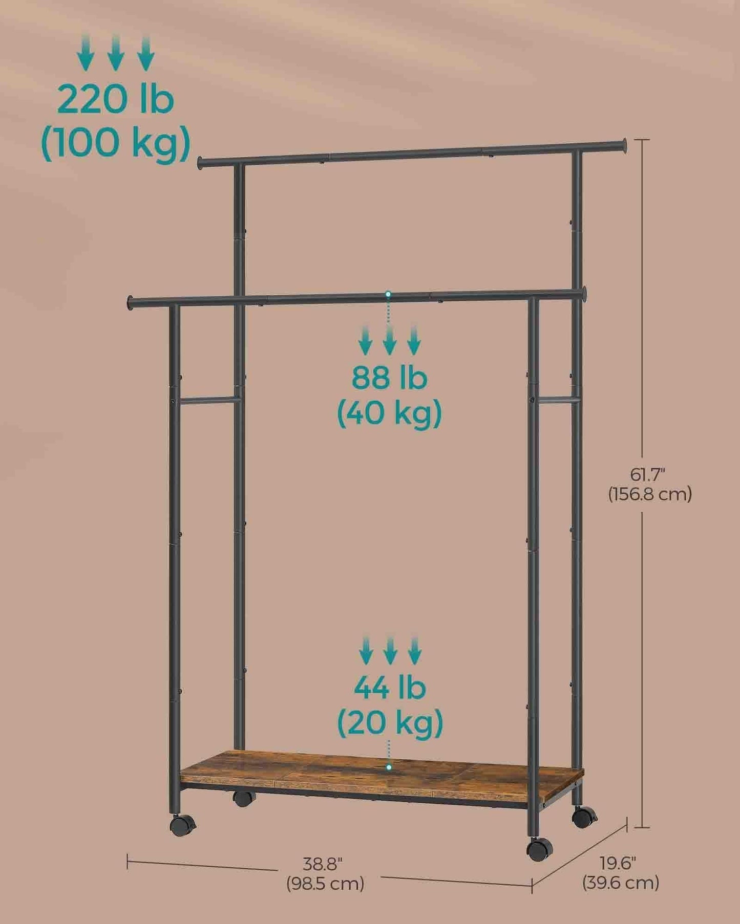 Double-Rod Clothes Rack with Wheels Rustic Brown and Ink Black FredCo