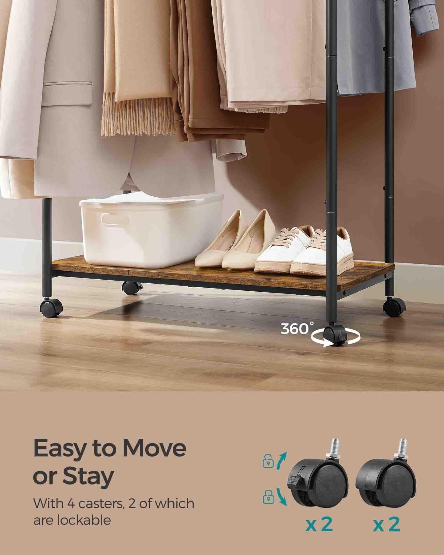 Double-Rod Clothes Rack with Wheels Rustic Brown and Ink Black FredCo