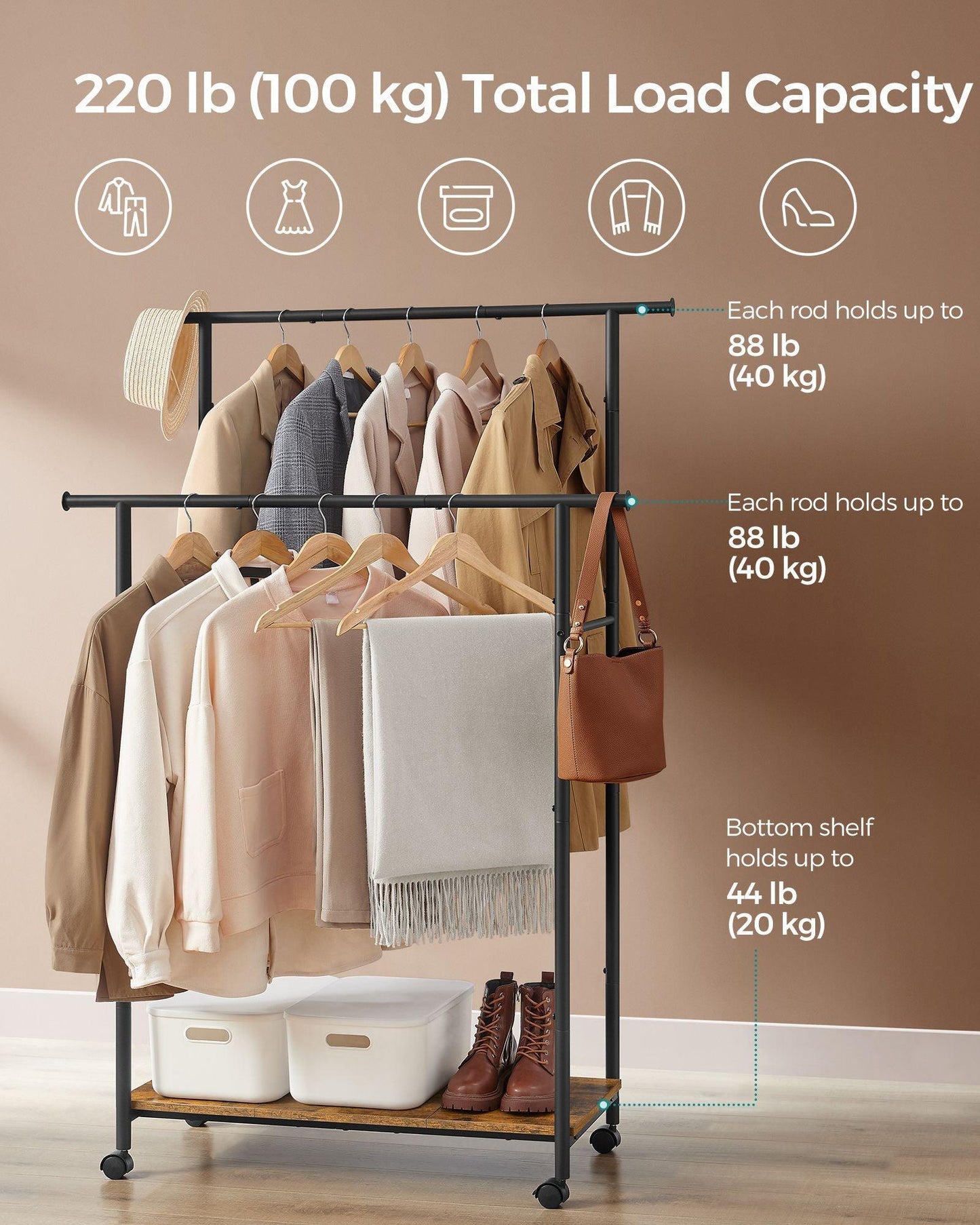 Double-Rod Clothes Rack with Wheels Rustic Brown and Ink Black FredCo