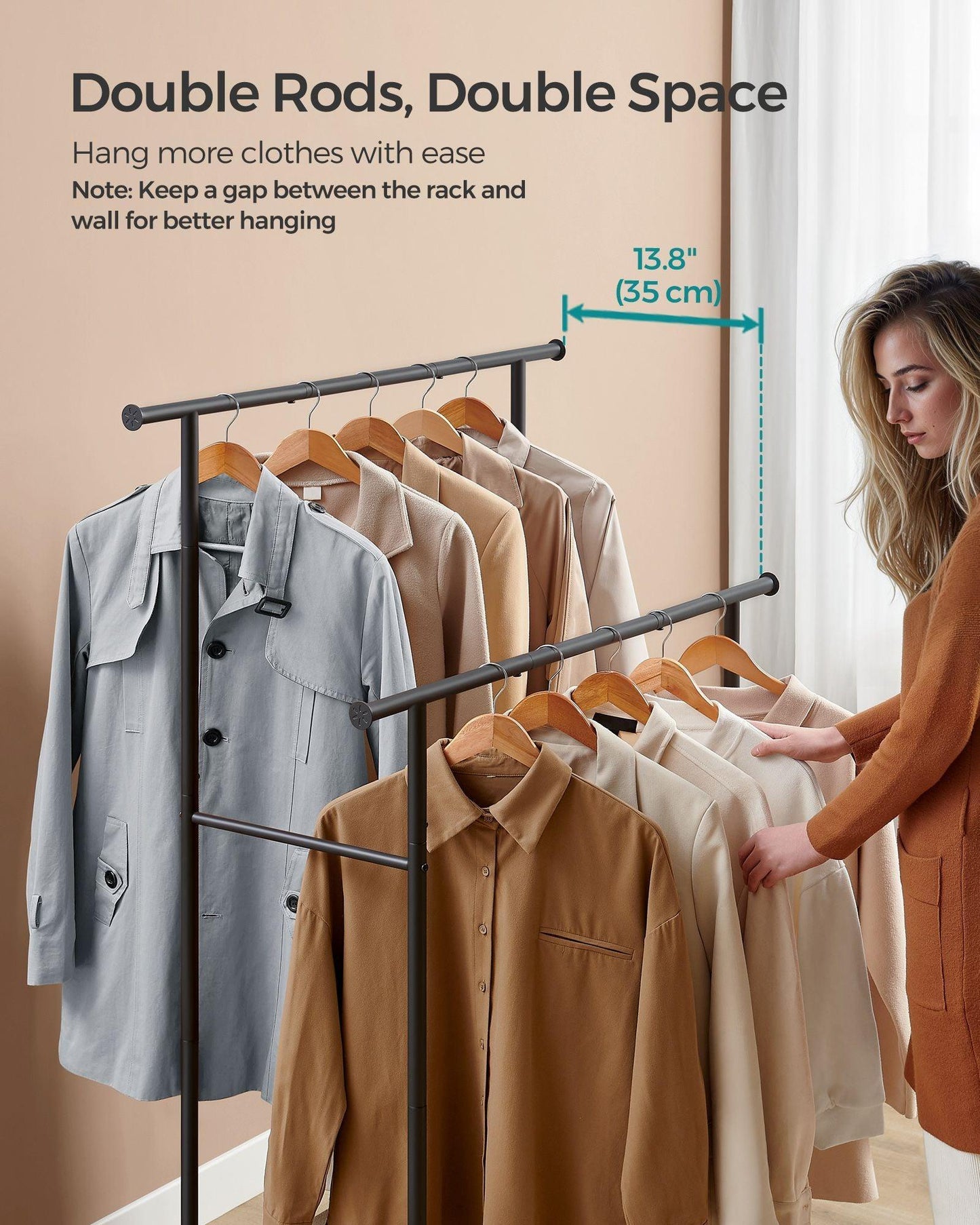Double-Rod Clothes Rack with Wheels Rustic Brown and Ink Black FredCo