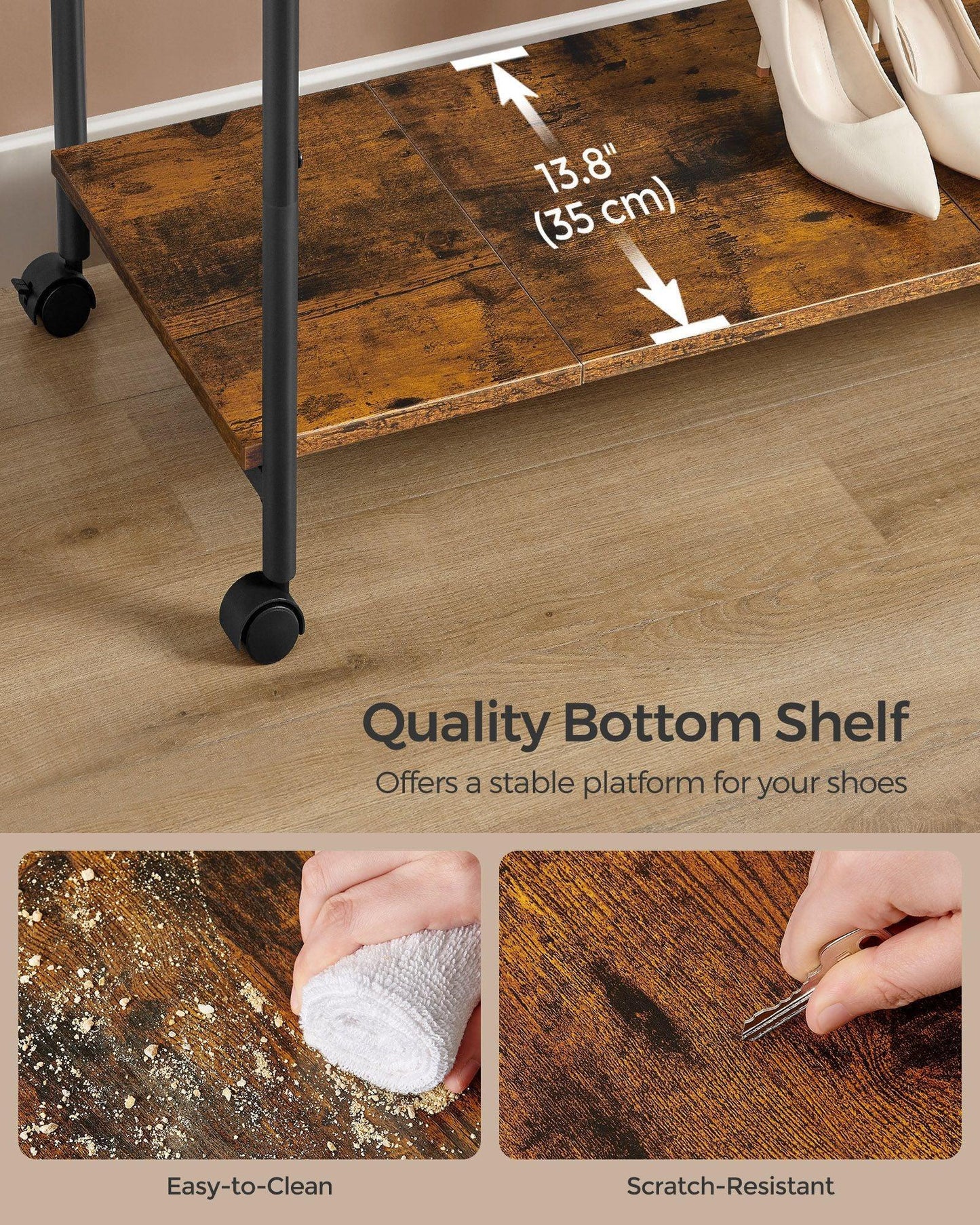 Double-Rod Clothes Rack with Wheels Rustic Brown and Ink Black FredCo
