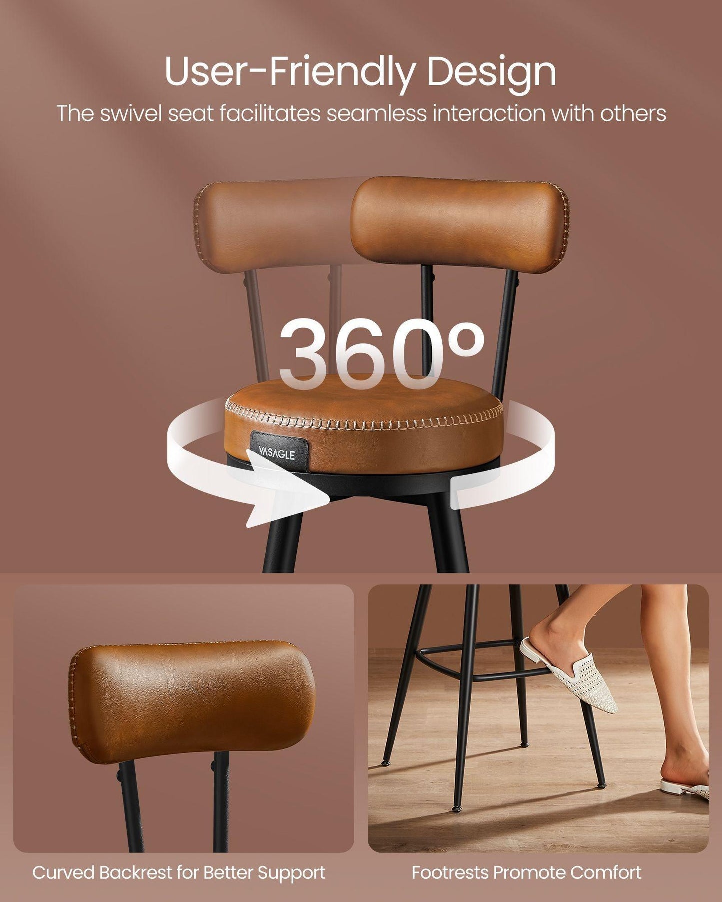 EKHO Collection - 35.4" Tall Swivel Bar Stools with Backs, Caramel Brown FredCo