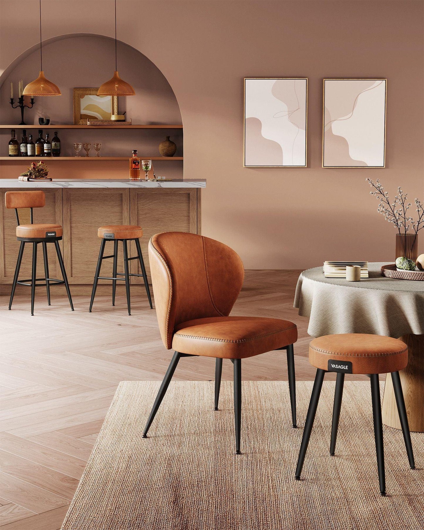 EKHO Collection - 35.4" Tall Swivel Bar Stools with Backs, Caramel Brown FredCo