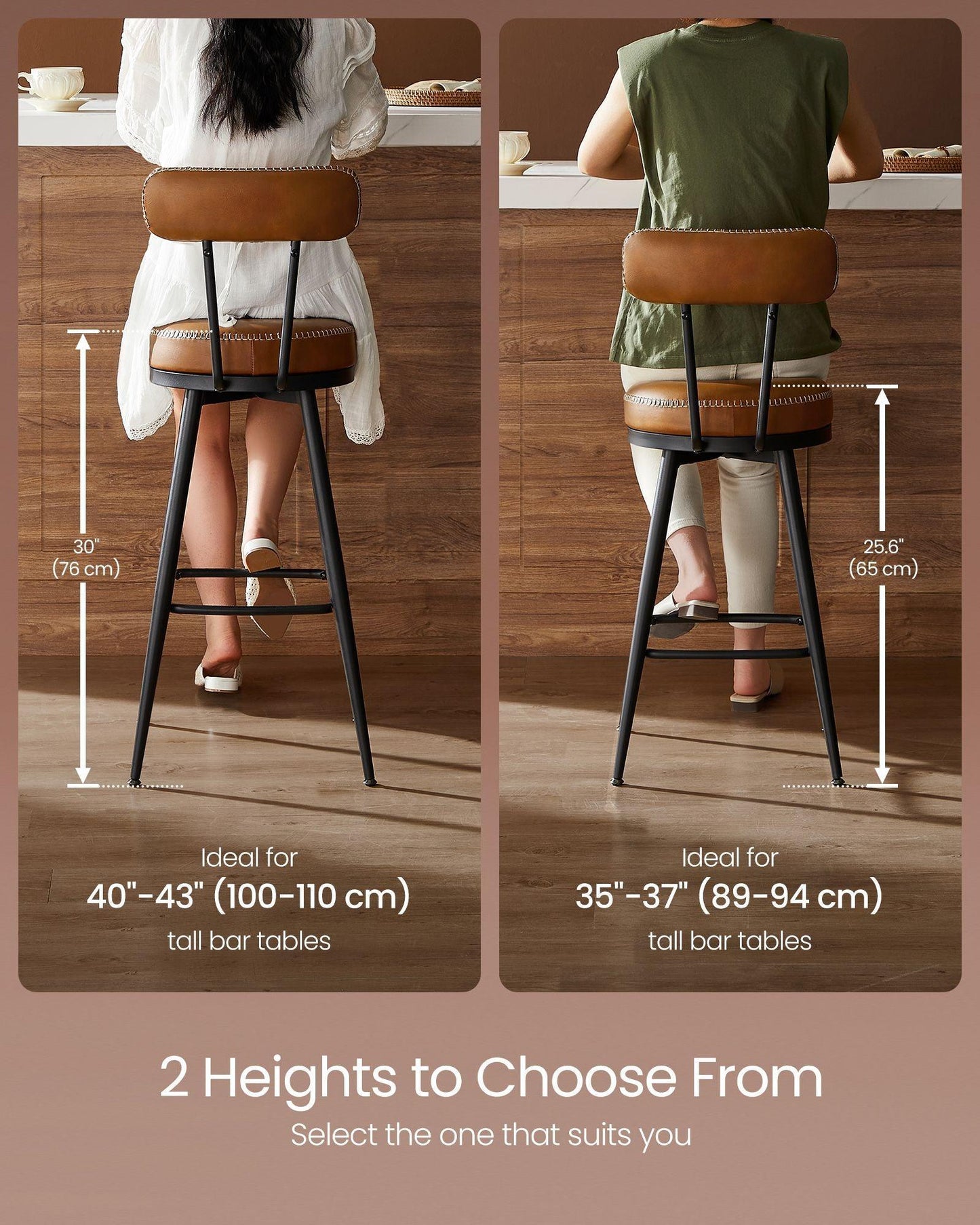 EKHO Collection - 35.4" Tall Swivel Bar Stools with Backs, Caramel Brown FredCo