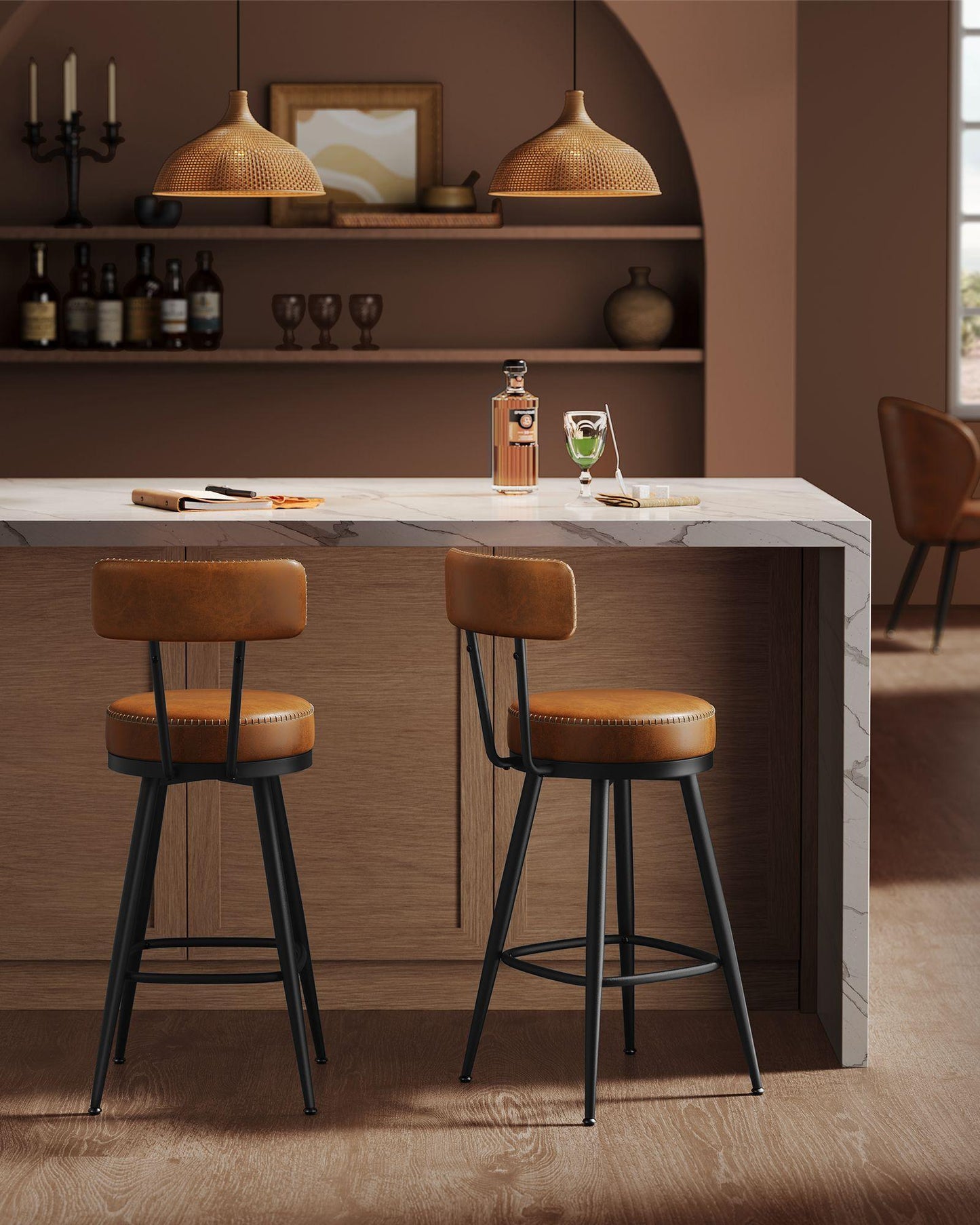 EKHO Collection - 35.4" Tall Swivel Bar Stools with Backs, Caramel Brown FredCo