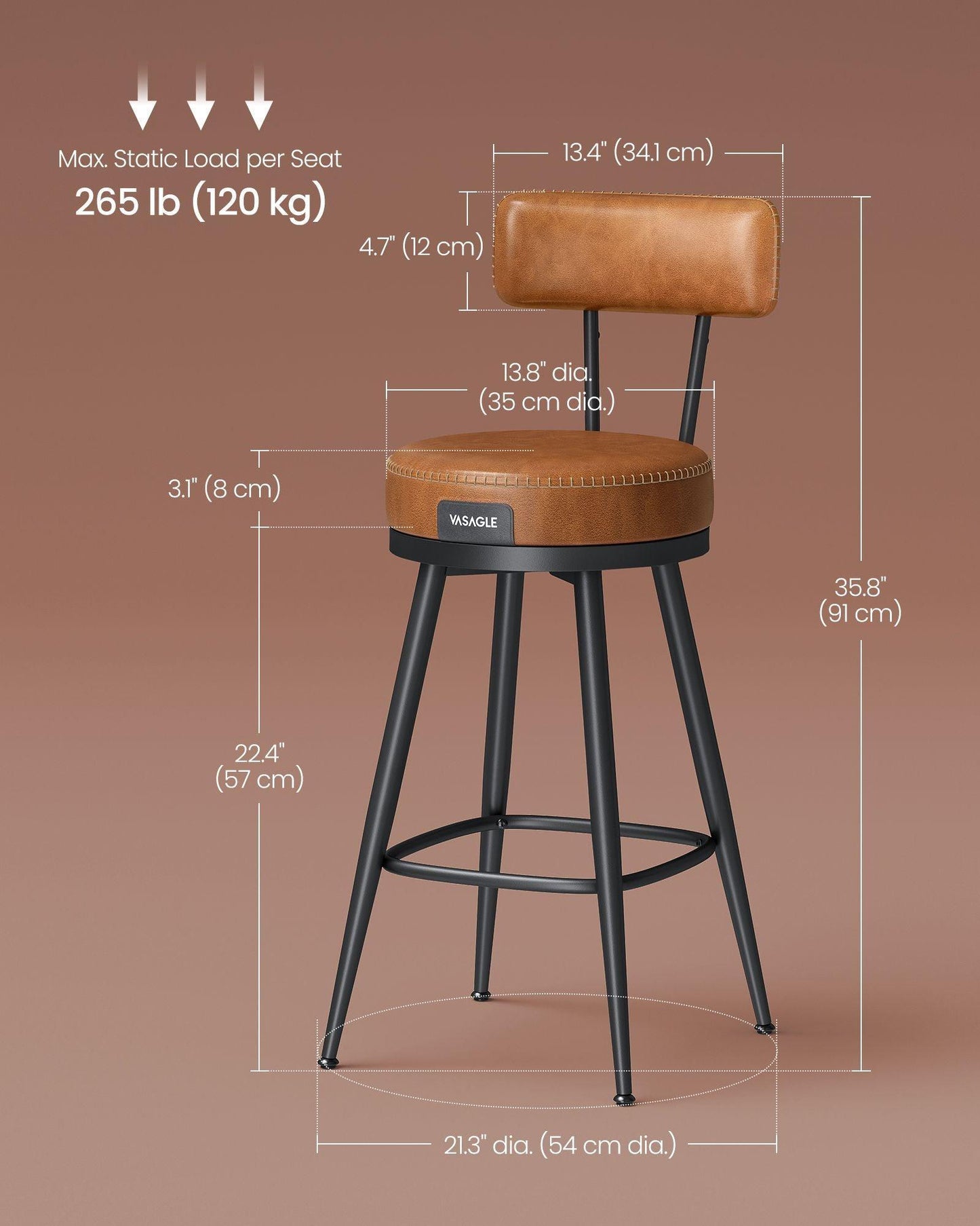EKHO Collection - 35.4" Tall Swivel Bar Stools with Backs, Caramel Brown FredCo