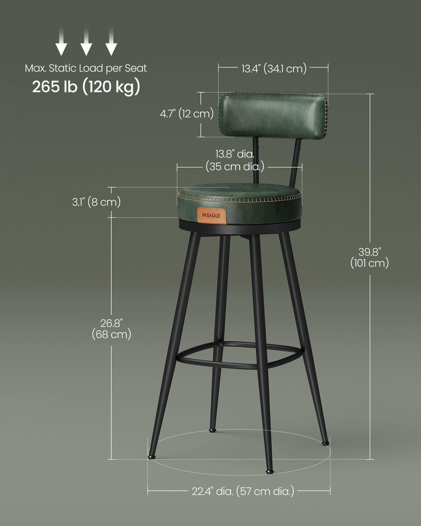 EKHO Collection - 40.5" Tall Swivel Bar Stools with Backs, Forest Green FredCo