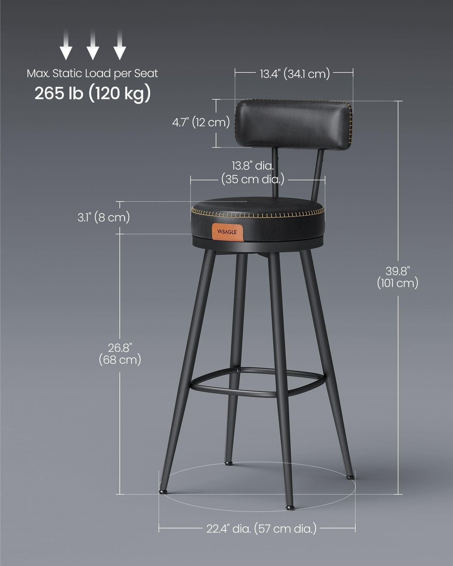EKHO Collection - 40.5" Tall Swivel Bar Stools with Backs, Ink Black FredCo