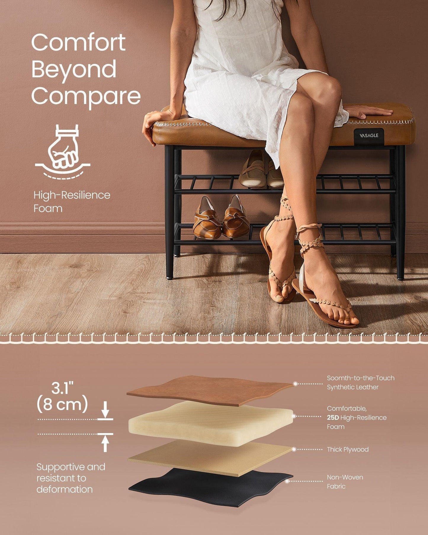 EKHO Collection - Shoe Bench with Metal Shelves, Caramel Brown FredCo