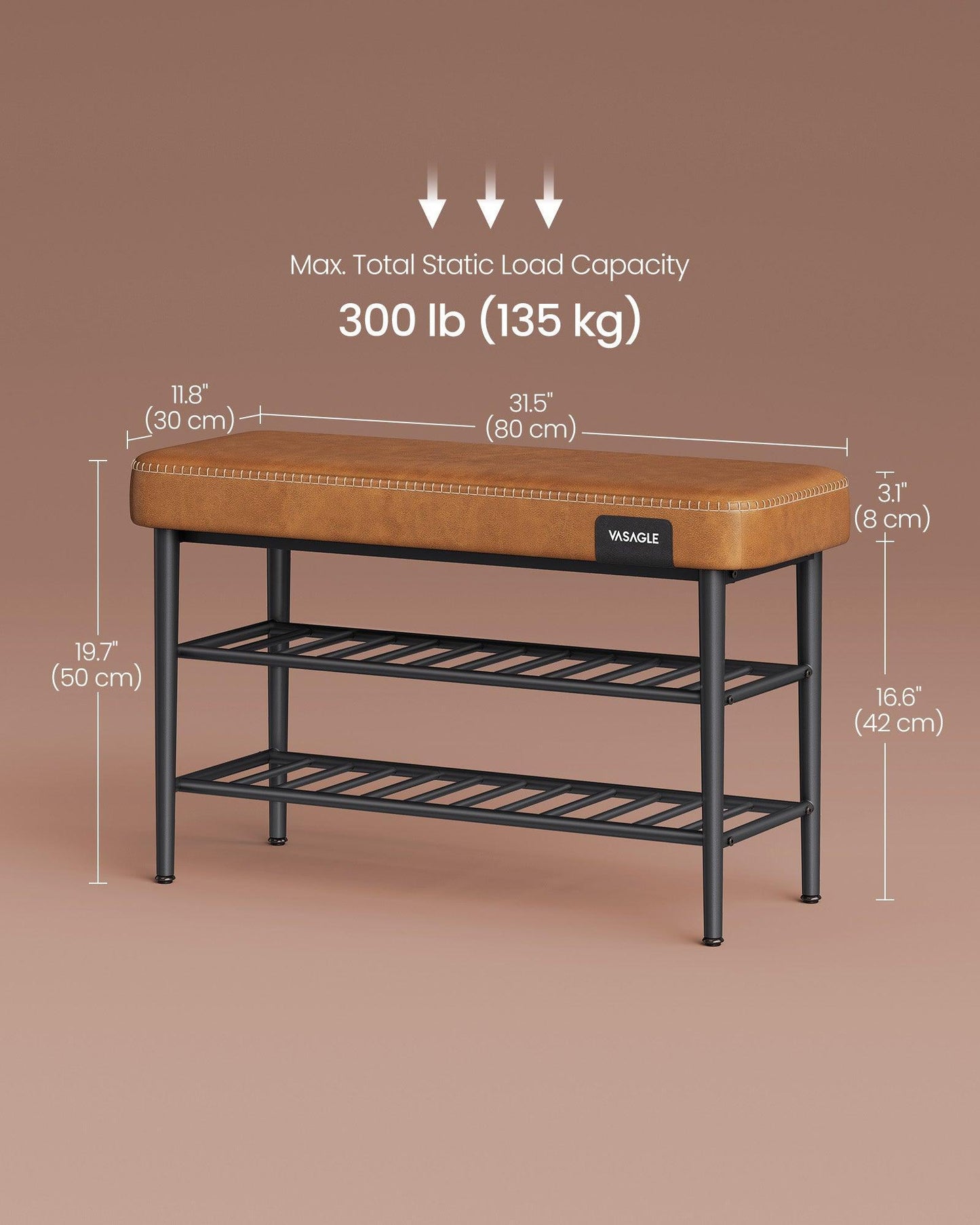 EKHO Collection - Shoe Bench with Metal Shelves, Caramel Brown FredCo