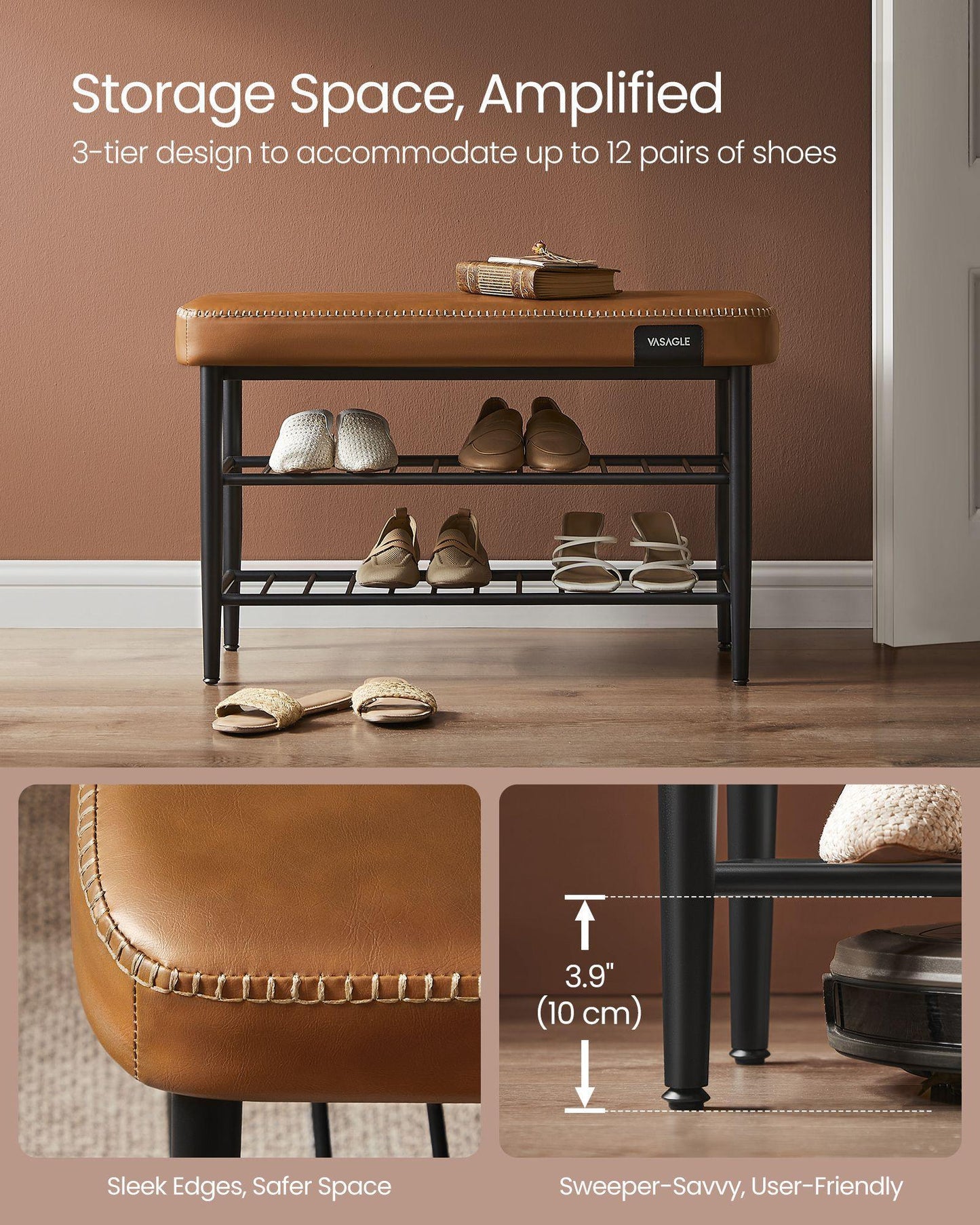 EKHO Collection - Shoe Bench with Metal Shelves, Caramel Brown FredCo