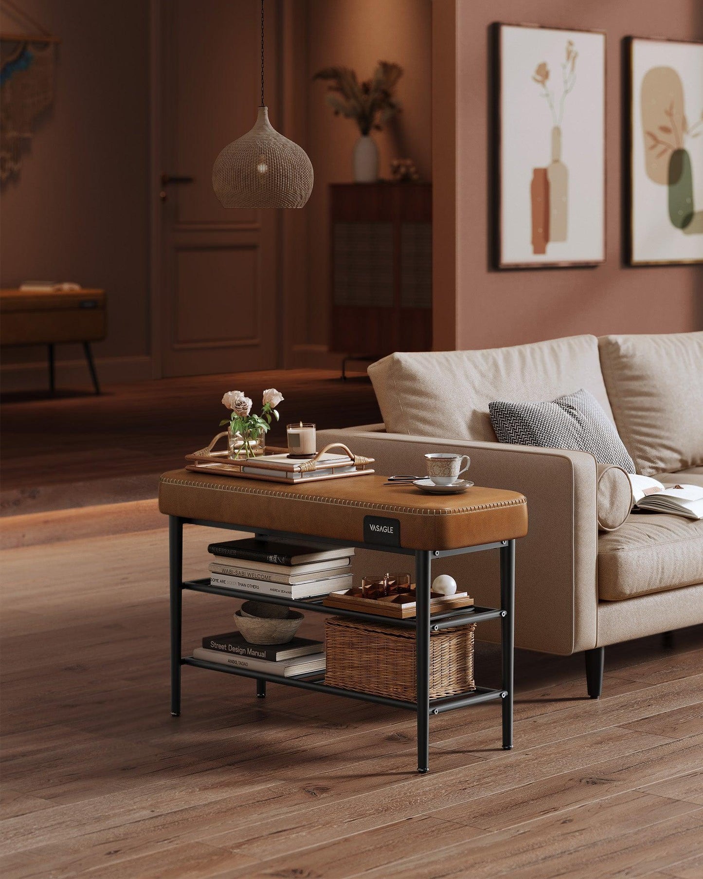 EKHO Collection - Shoe Bench with Metal Shelves, Caramel Brown FredCo