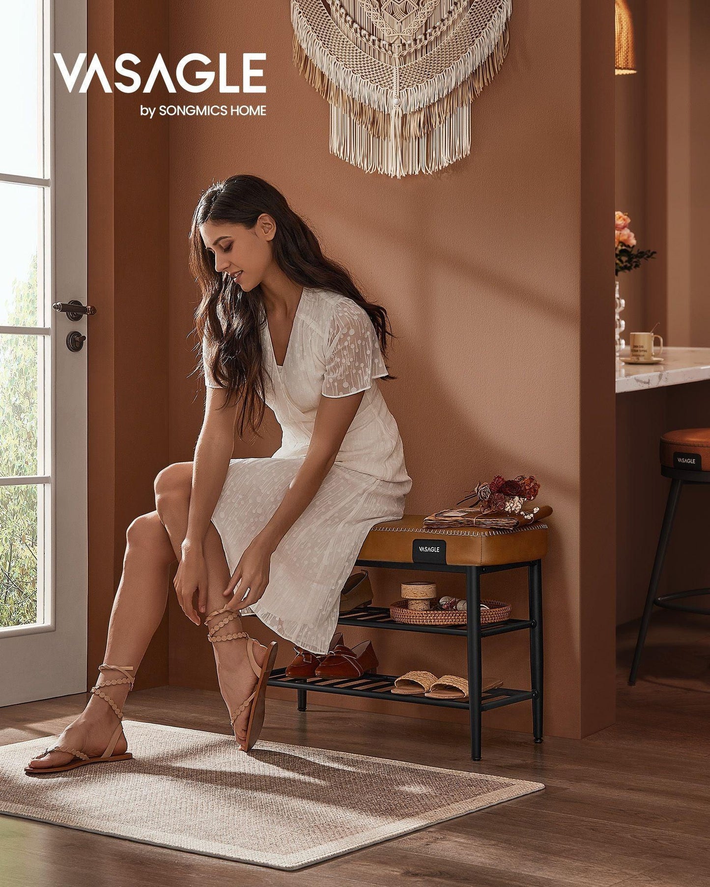 EKHO Collection - Shoe Bench with Metal Shelves, Caramel Brown FredCo