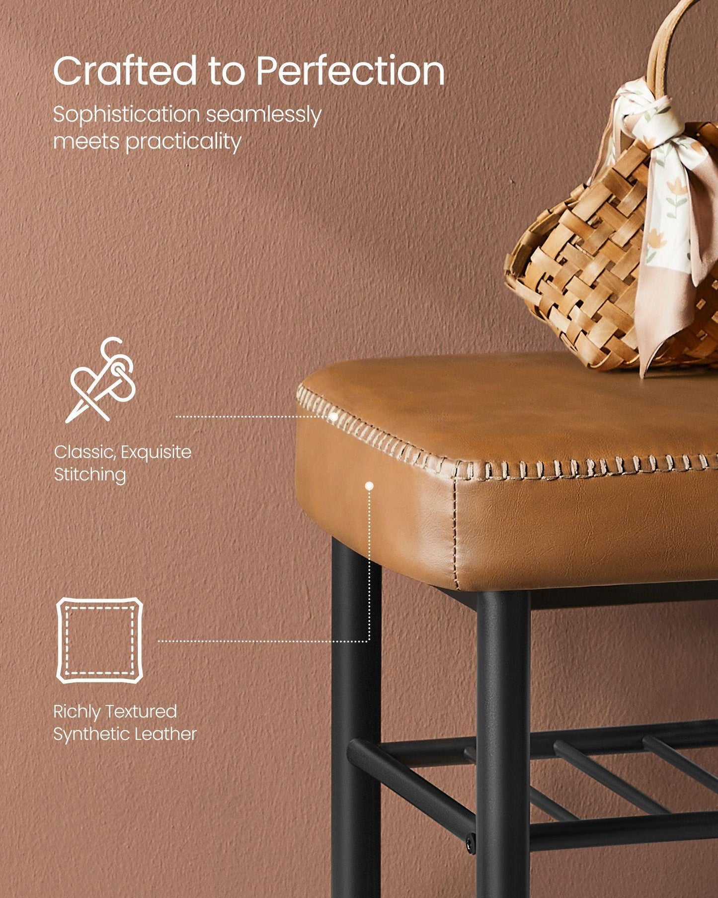 EKHO Collection - Shoe Bench with Metal Shelves, Caramel Brown FredCo