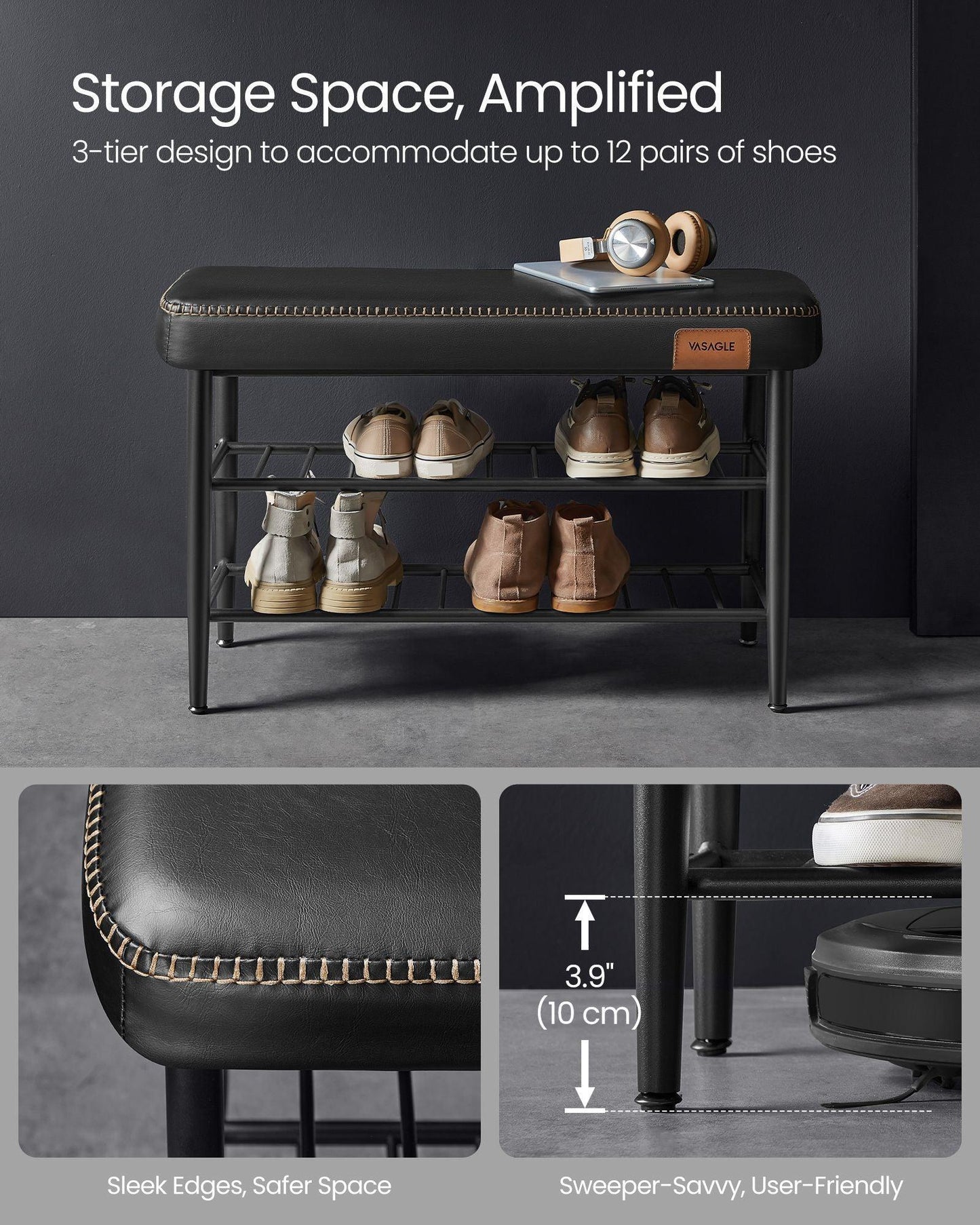 EKHO Collection - Shoe Bench with Metal Shelves, Ink Black FredCo