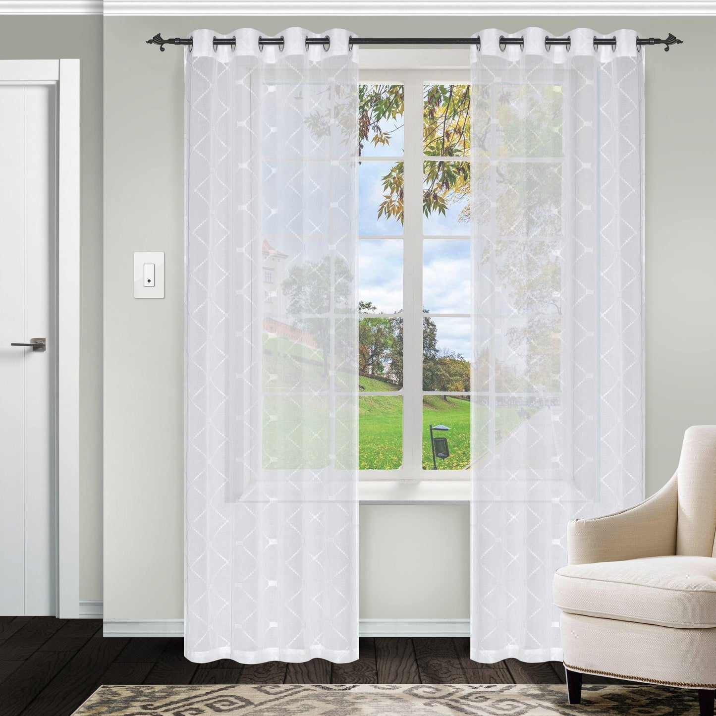 Elegant Diamond Embroidered Sheer Grommet 2-Piece Curtain Panel Set FredCo