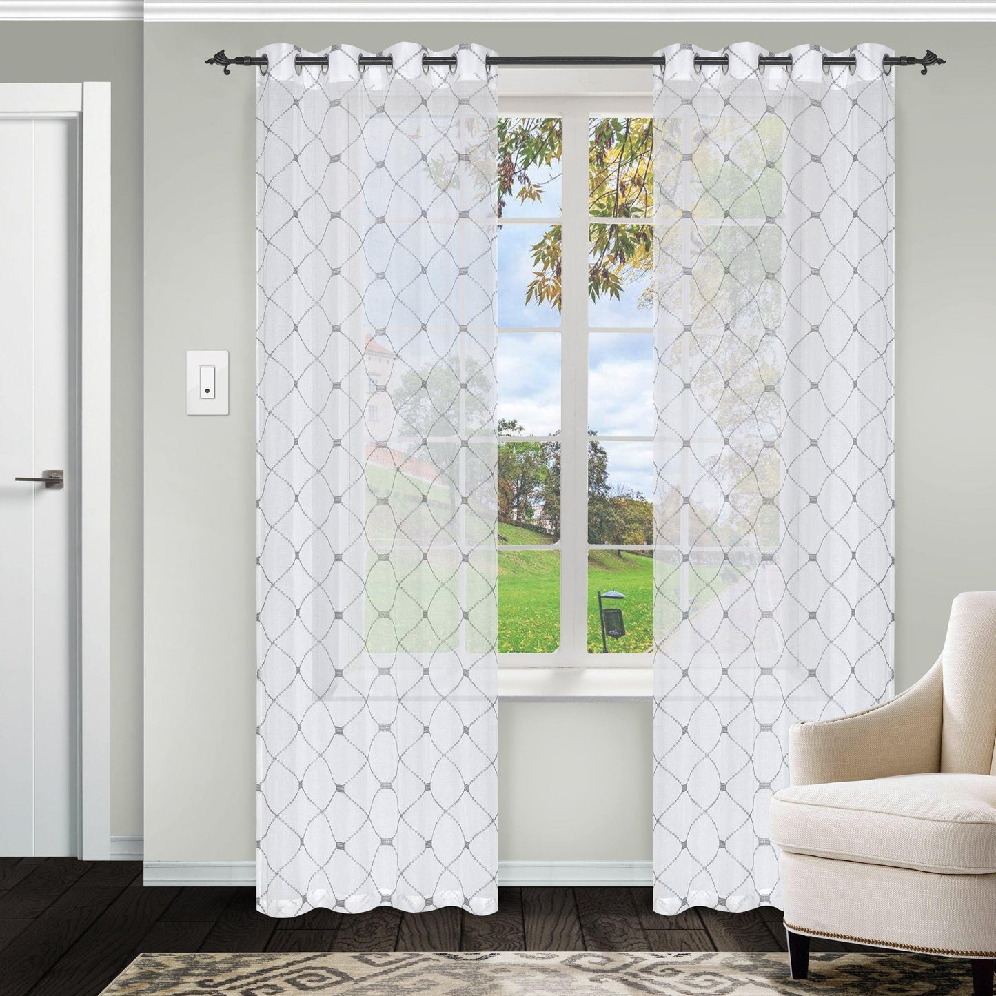 Elegant Diamond Embroidered Sheer Grommet 2-Piece Curtain Panel Set FredCo