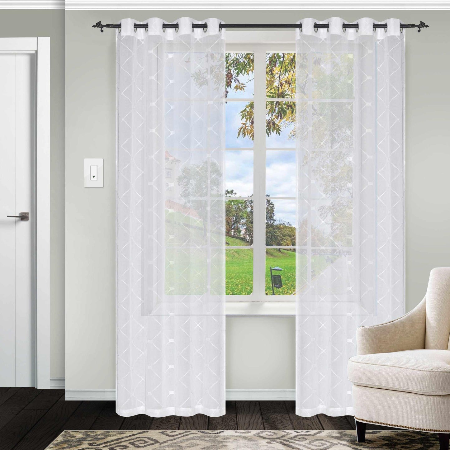 Elegant Diamond Embroidered Sheer Grommet 2-Piece Curtain Panel Set FredCo