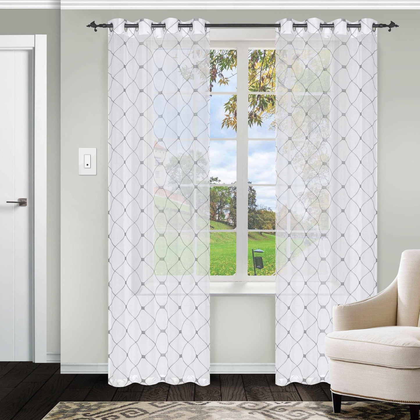 Elegant Diamond Embroidered Sheer Grommet 2-Piece Curtain Panel Set FredCo