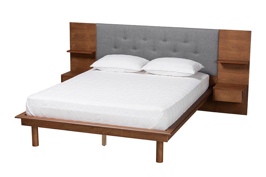 Eliana Mid-Century Modern Transitional Grey Fabric and Ash Walnut Finished Wood King Size Platform Storage Bed with Built-In Nightstands FredCo