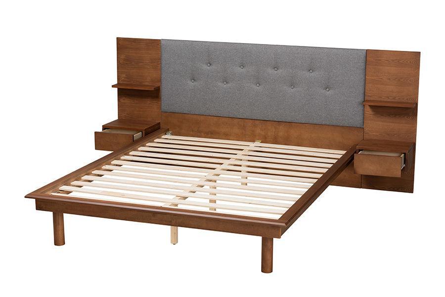 Eliana Mid-Century Modern Transitional Grey Fabric and Ash Walnut Finished Wood King Size Platform Storage Bed with Built-In Nightstands FredCo