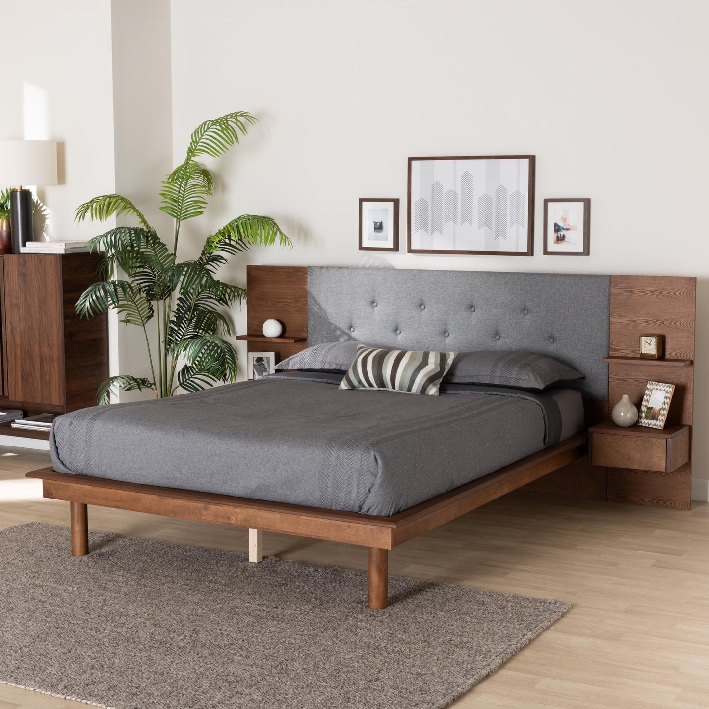 Eliana Mid-Century Modern Transitional Grey Fabric and Ash Walnut Finished Wood King Size Platform Storage Bed with Built-In Nightstands FredCo